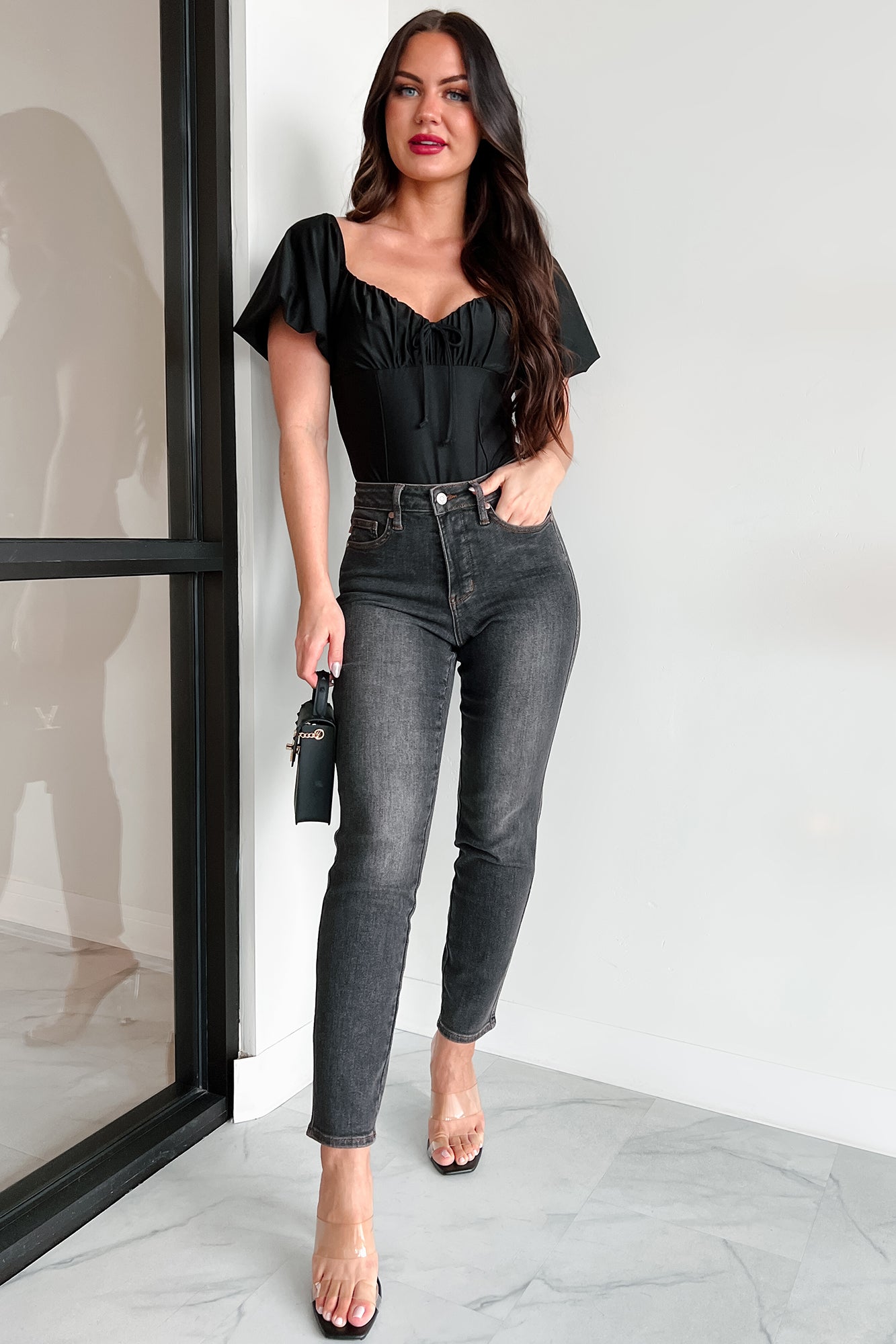 Humming Along Puff Sleeve Scoop Neck Bodysuit (Black)