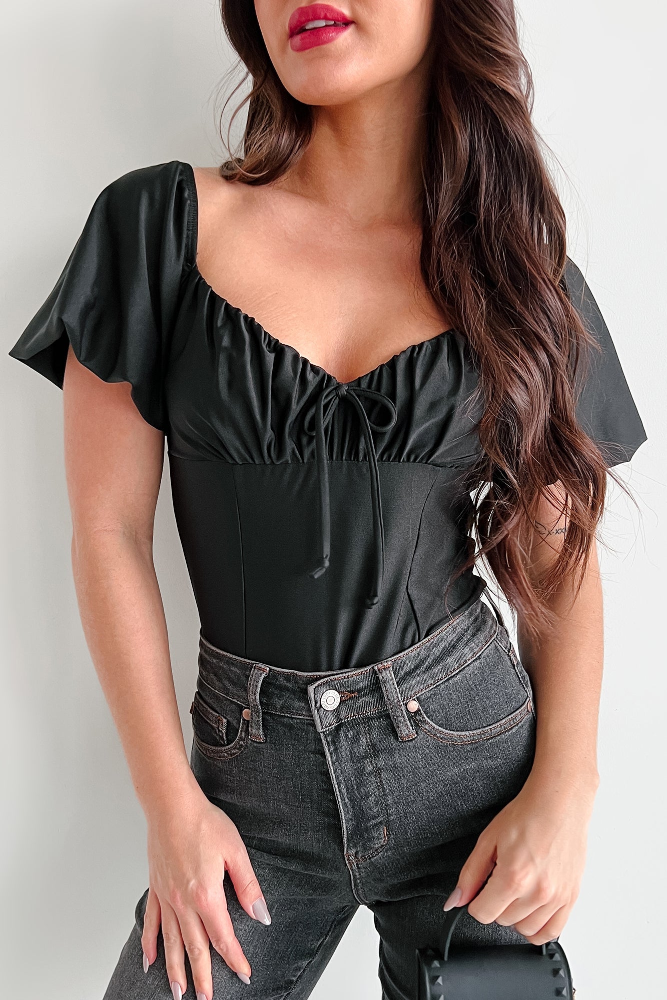 Humming Along Puff Sleeve Scoop Neck Bodysuit (Black)