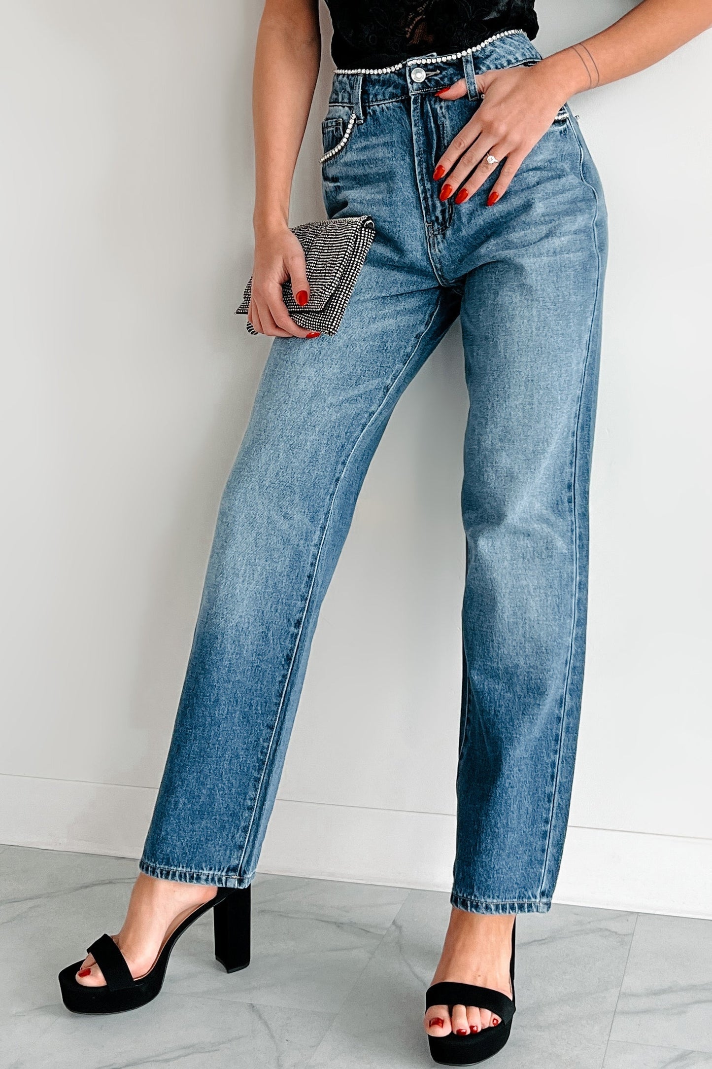 Danson Rhinestone Embellished Cello Dad Jeans (Dark)
