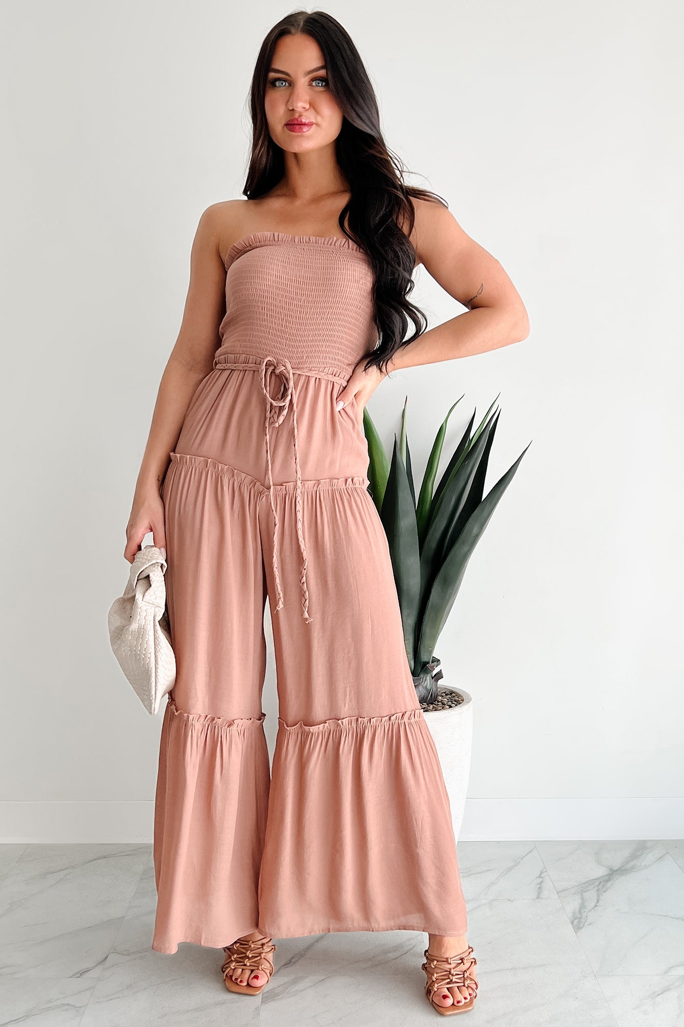 Glam Goddess Strapless Smocked Jumpsuit (Clay)