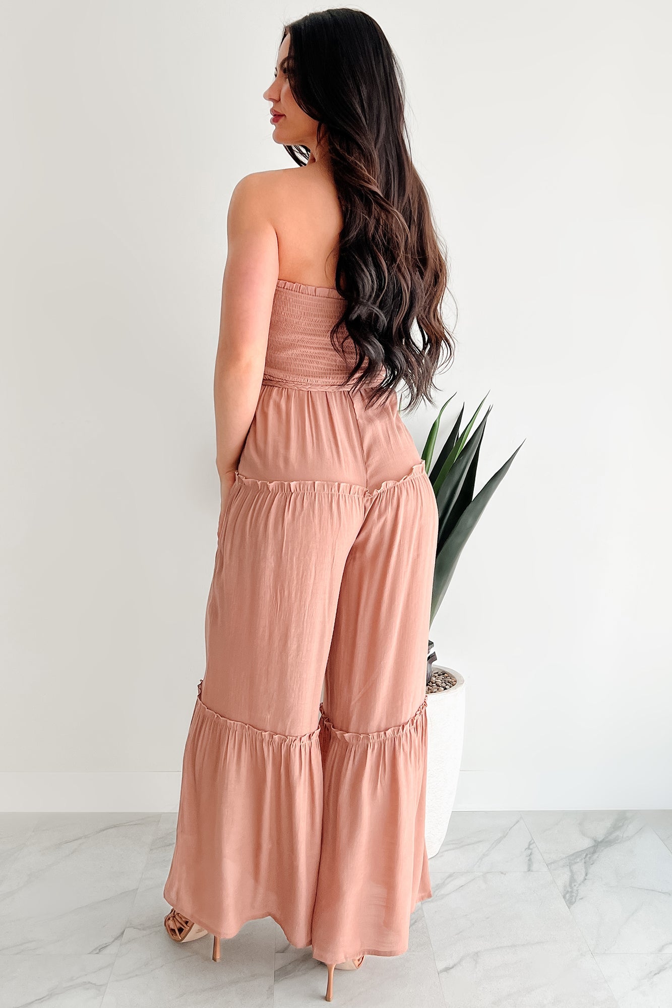 Glam Goddess Strapless Smocked Jumpsuit (Clay)
