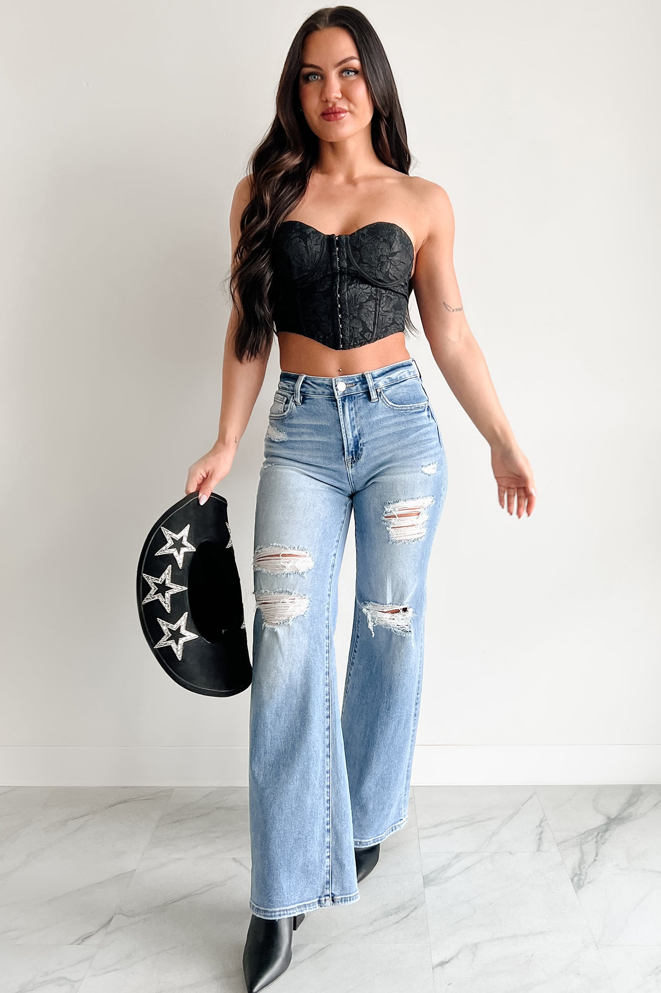 Glam Life Hook Front Strapless Floral Bustier Top (Black)