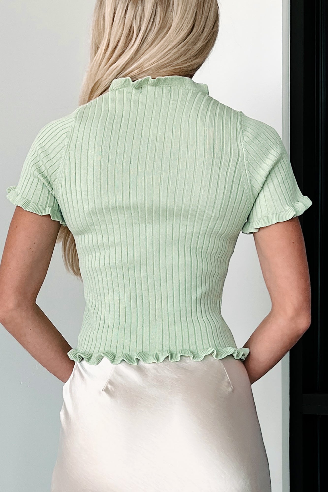 Iconic Love Split Front Ruffled Sweater Top (Light Green)