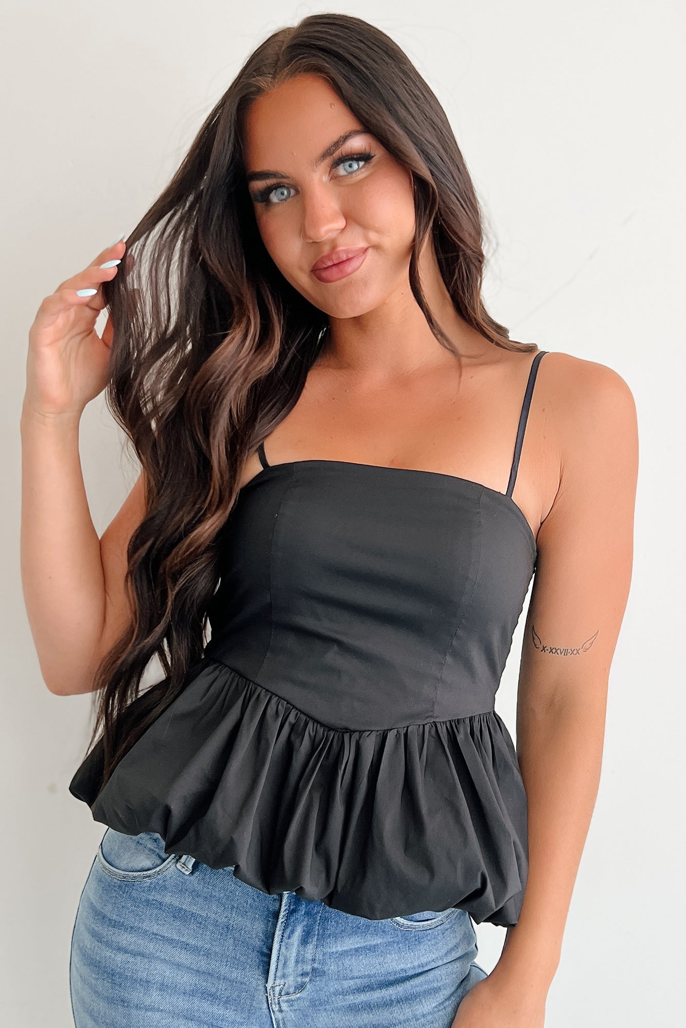 Carried Away Bubble Hem Cami Top (Black)