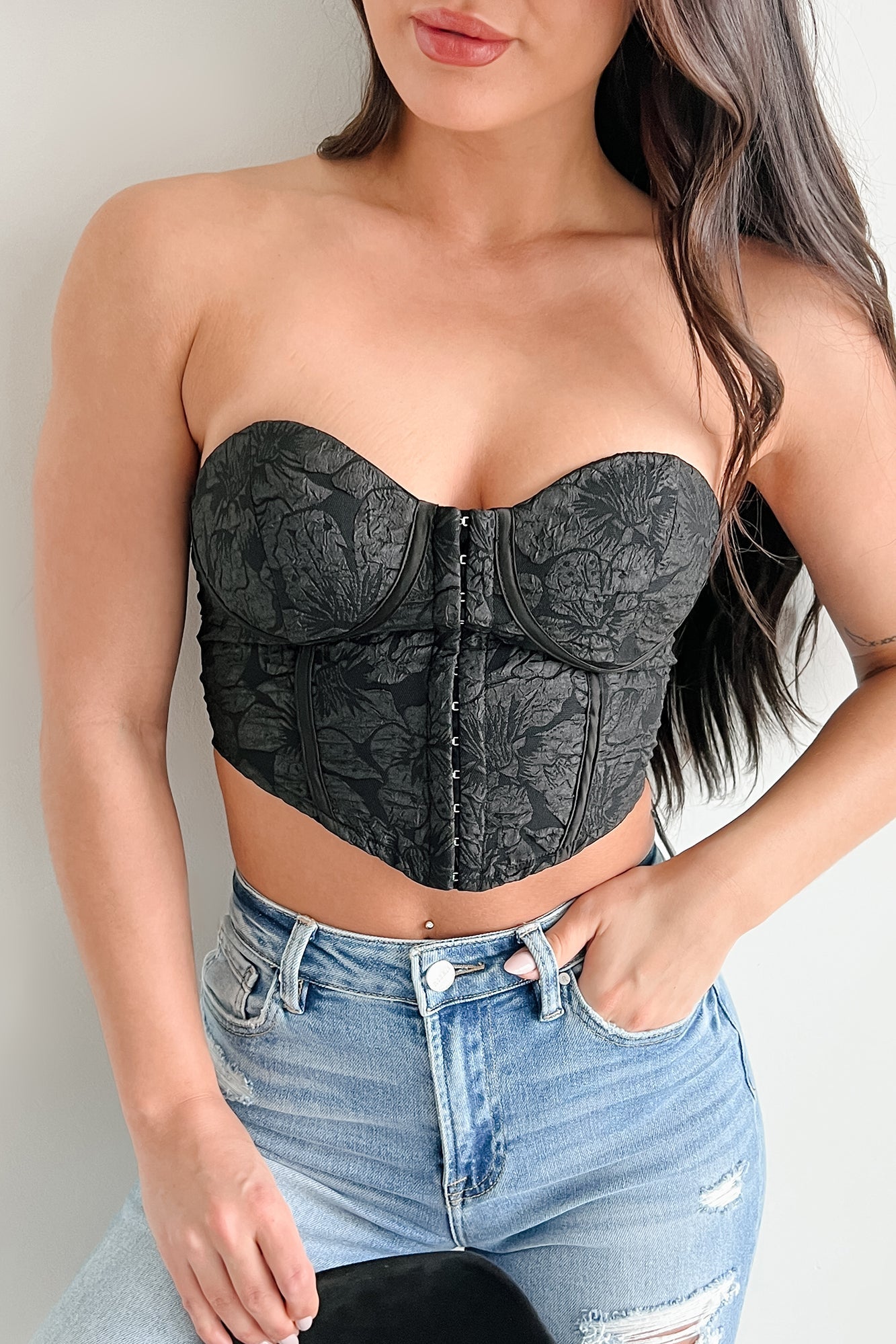 Glam Life Hook Front Strapless Floral Bustier Top (Black)