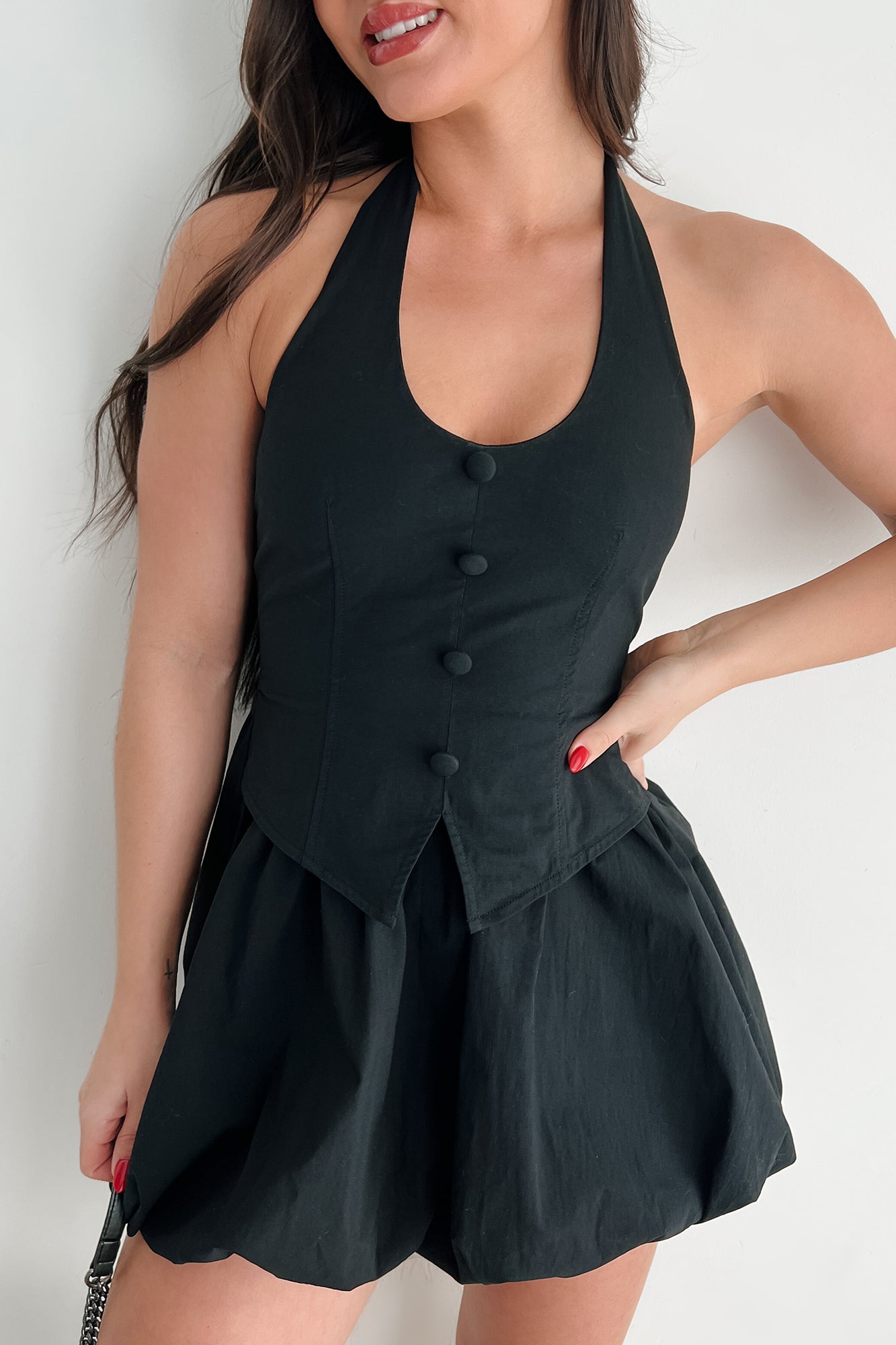 Grace Under Pressure Halter Bubble Hem Mini Dress (Black)