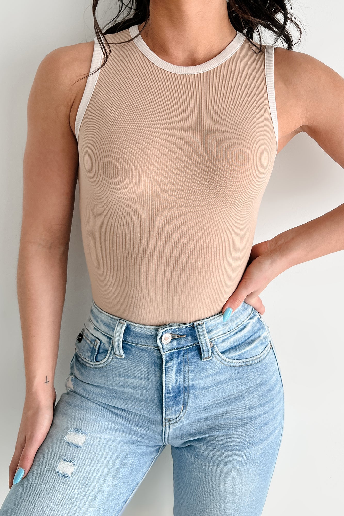 Easily Loved Ribbed Sleeveless Bodysuit (Tan/Cream)