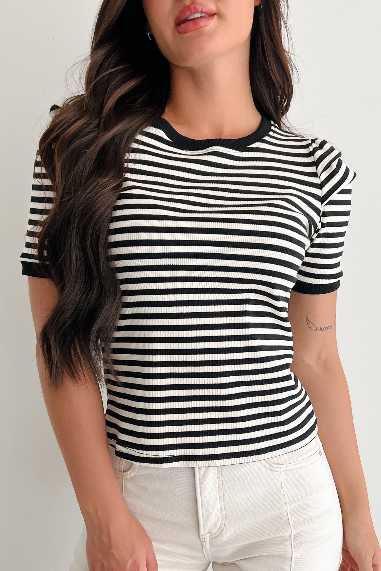 Casual & Cool Striped Puff Shoulder Top (Black/Ivory)