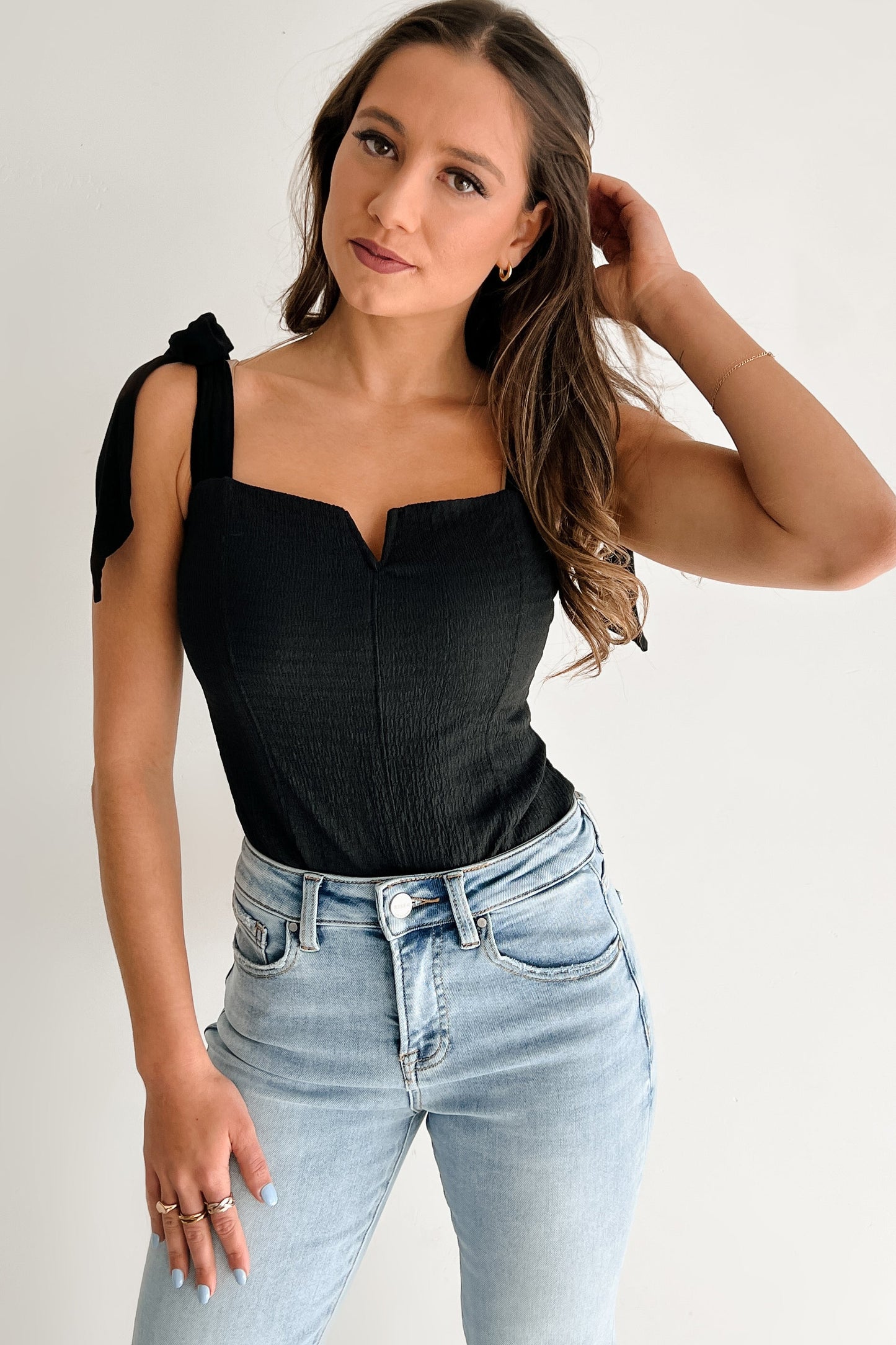 A Stitch In Time V-Notch Tie Strap Bodysuit (Black)