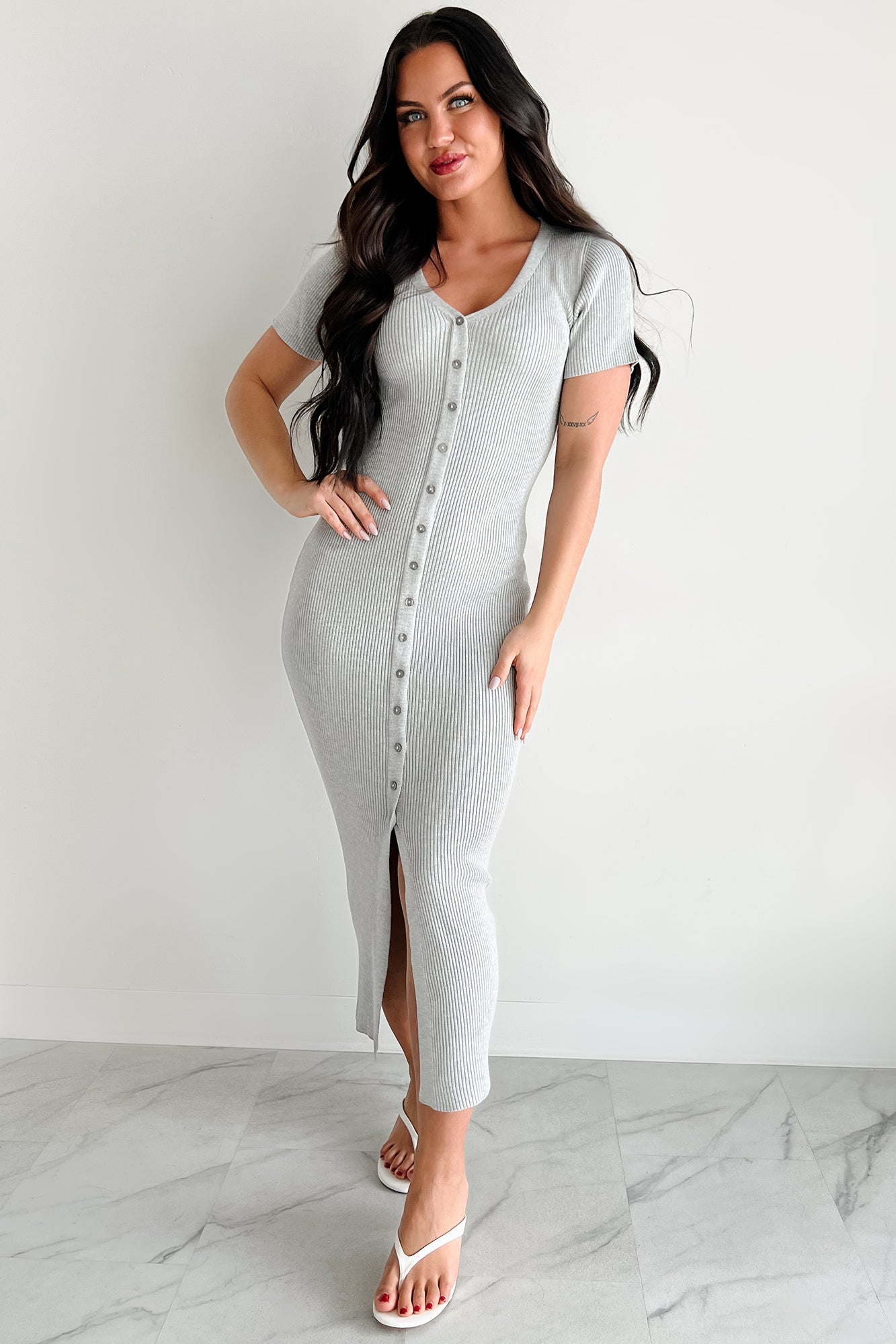 Make It Look Easy Button Front Maxi Dress (Grey)