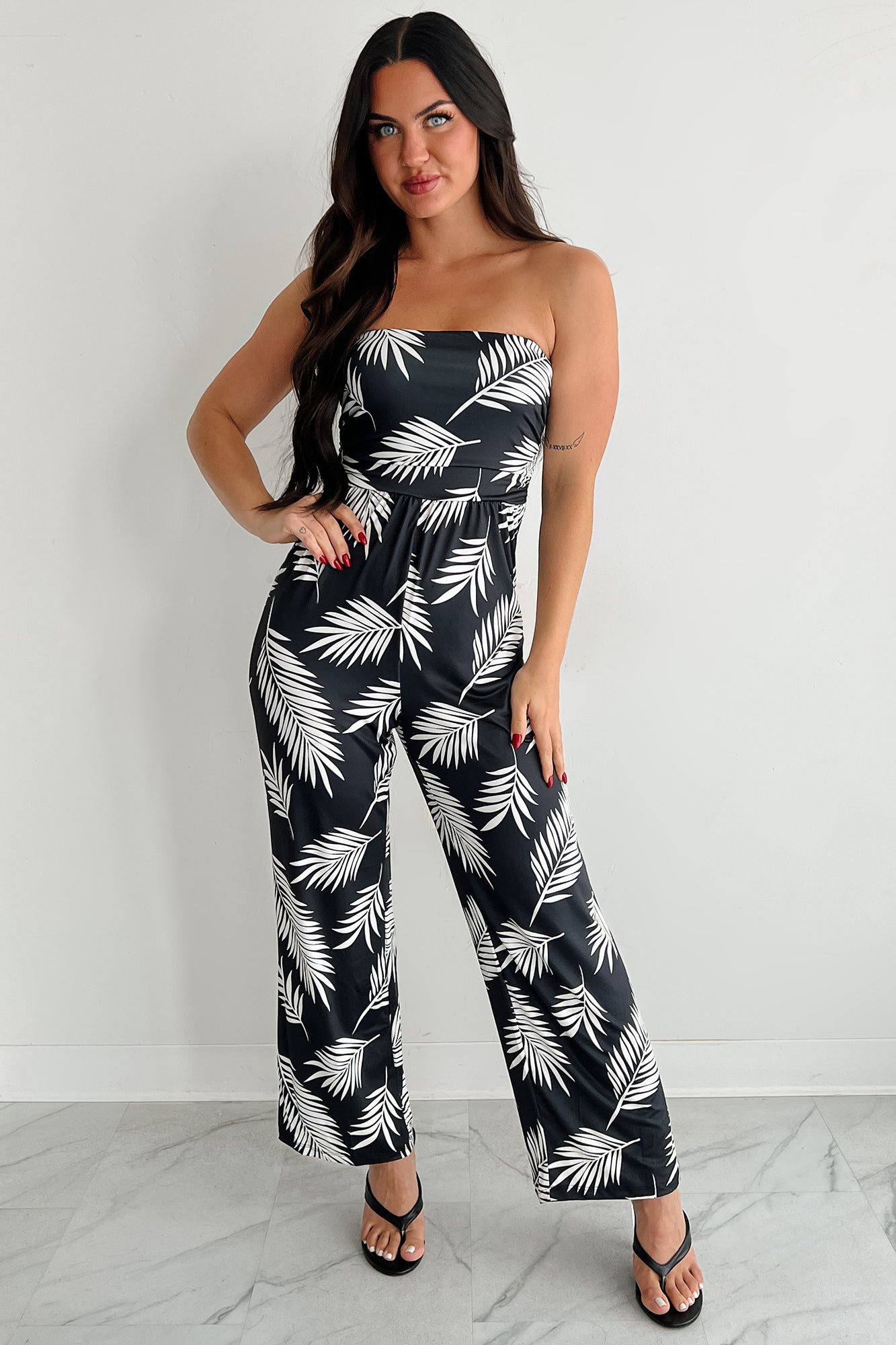 Palm Plans Strapless Leaf Print Jumpsuit (Black)