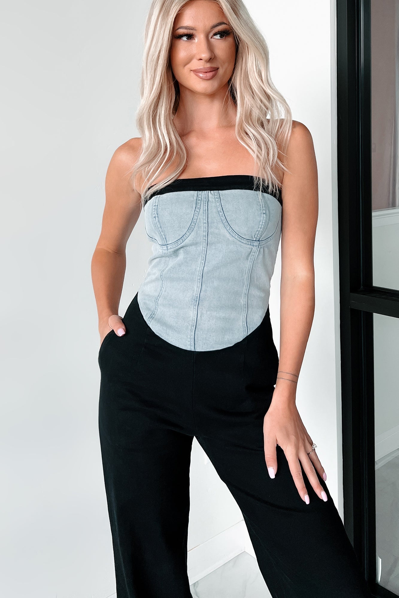 DOORBUSTER Blocking The Haters Denim Contrast Jumpsuit (Black/Denim)