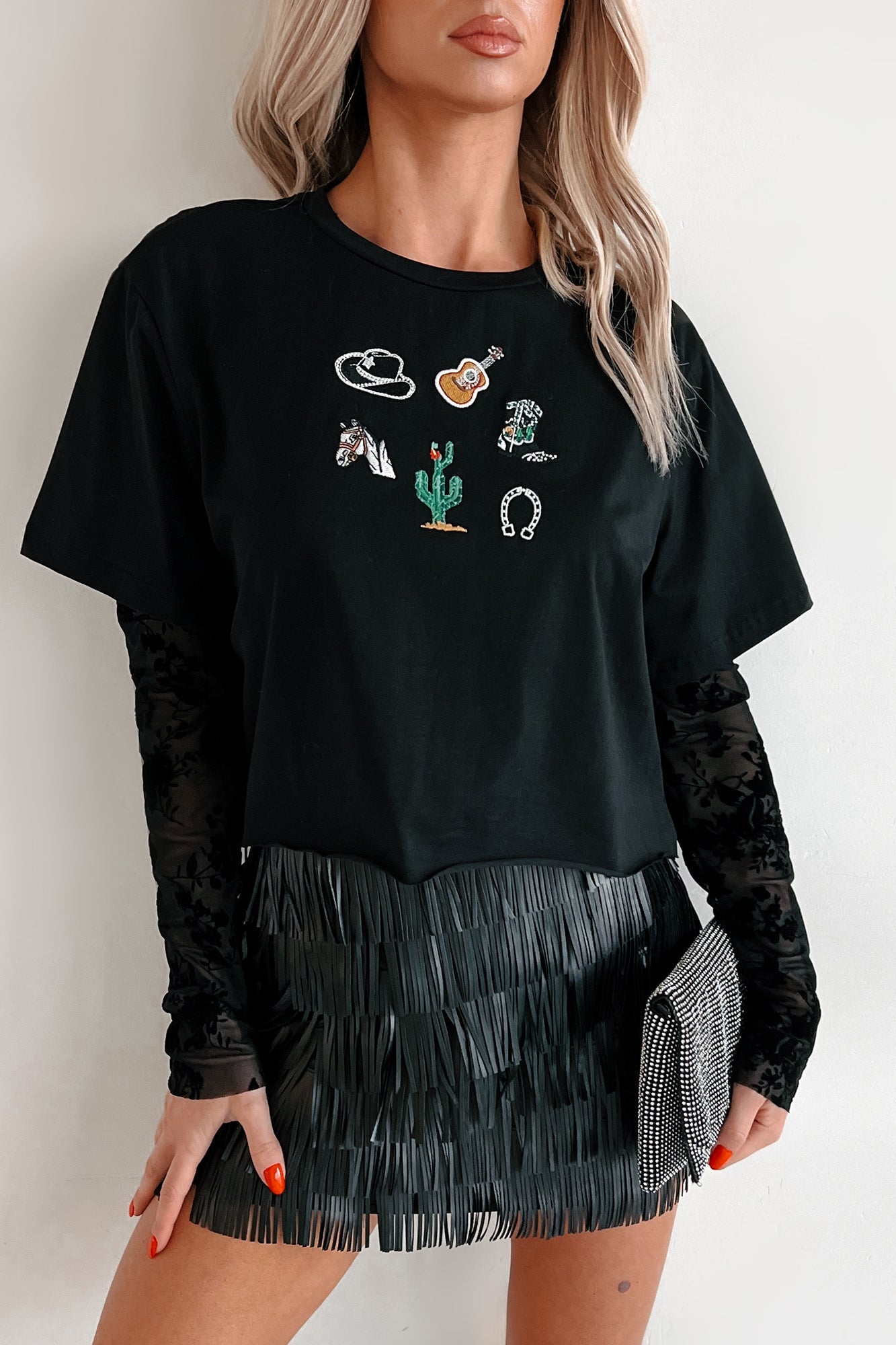 Ain't She Something Velvet Sleeve Western Tee (Black)