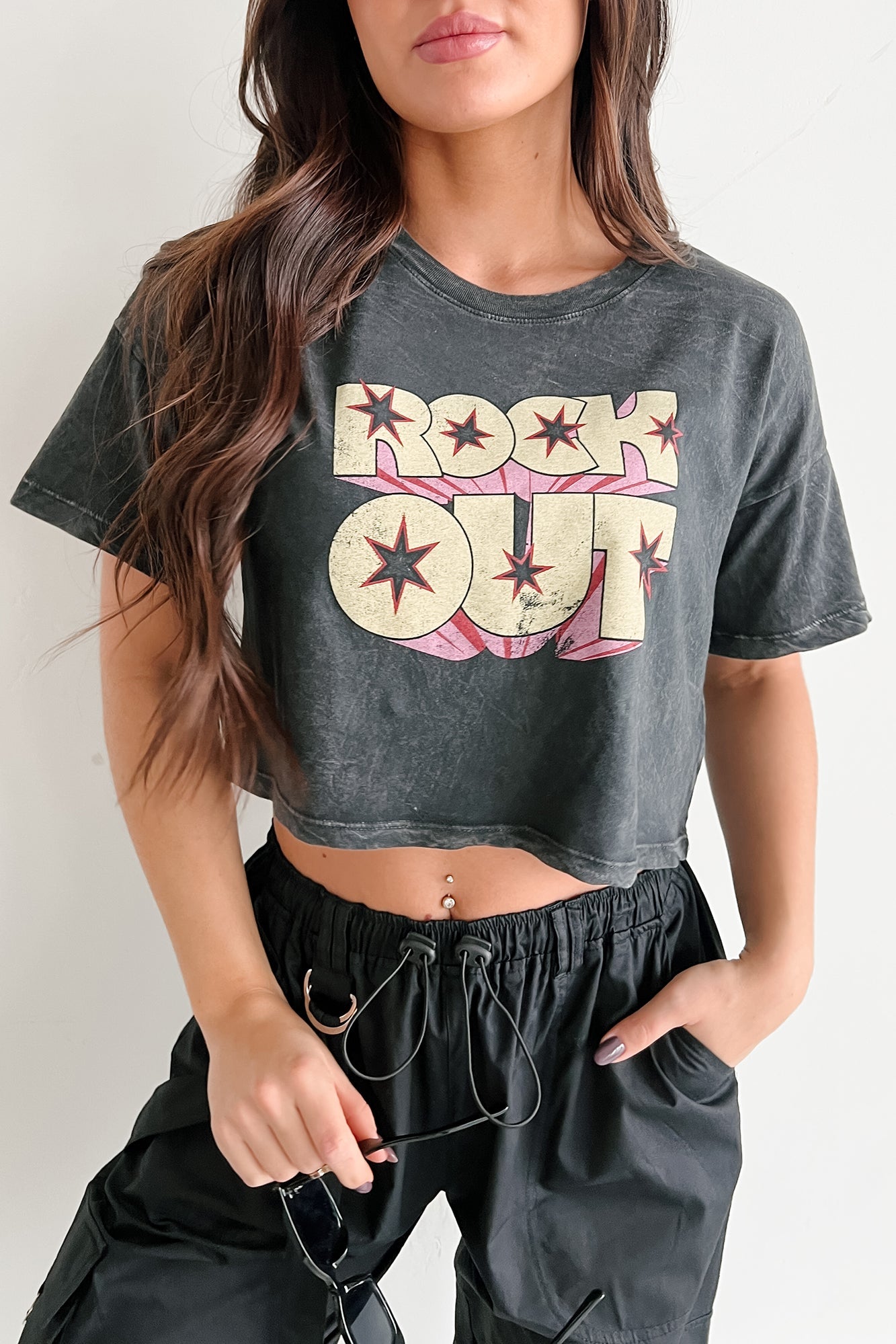 "Rock Out" Graphic Crop Tee (Charcoal)
