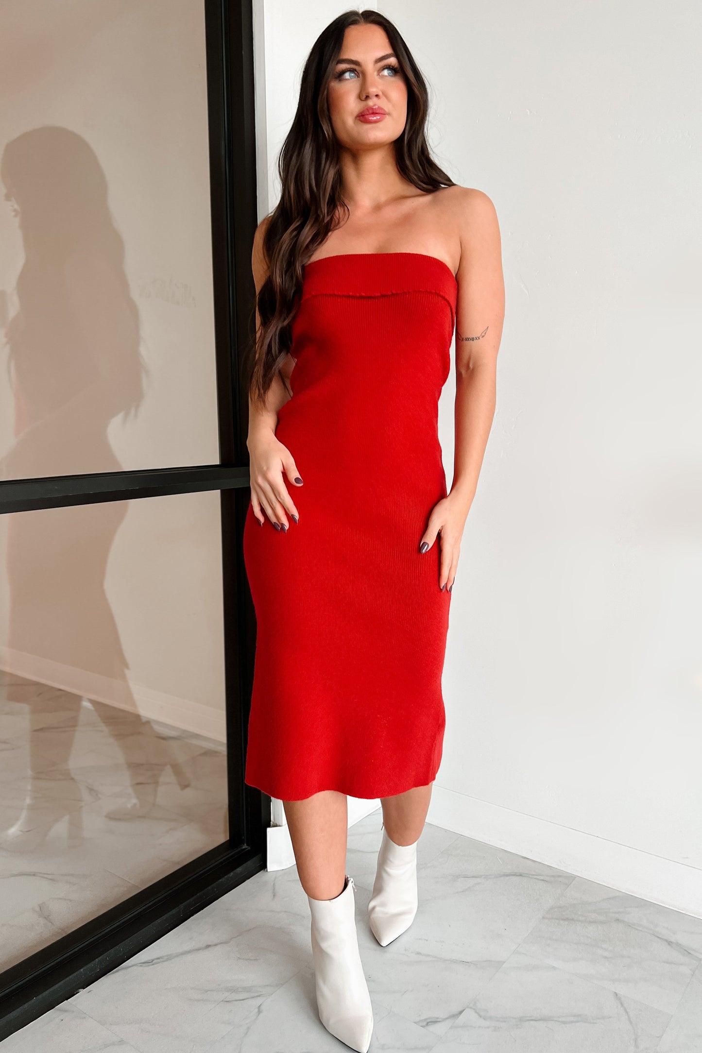 My Alter Ego Strapless Sweater Midi Dress (Red)