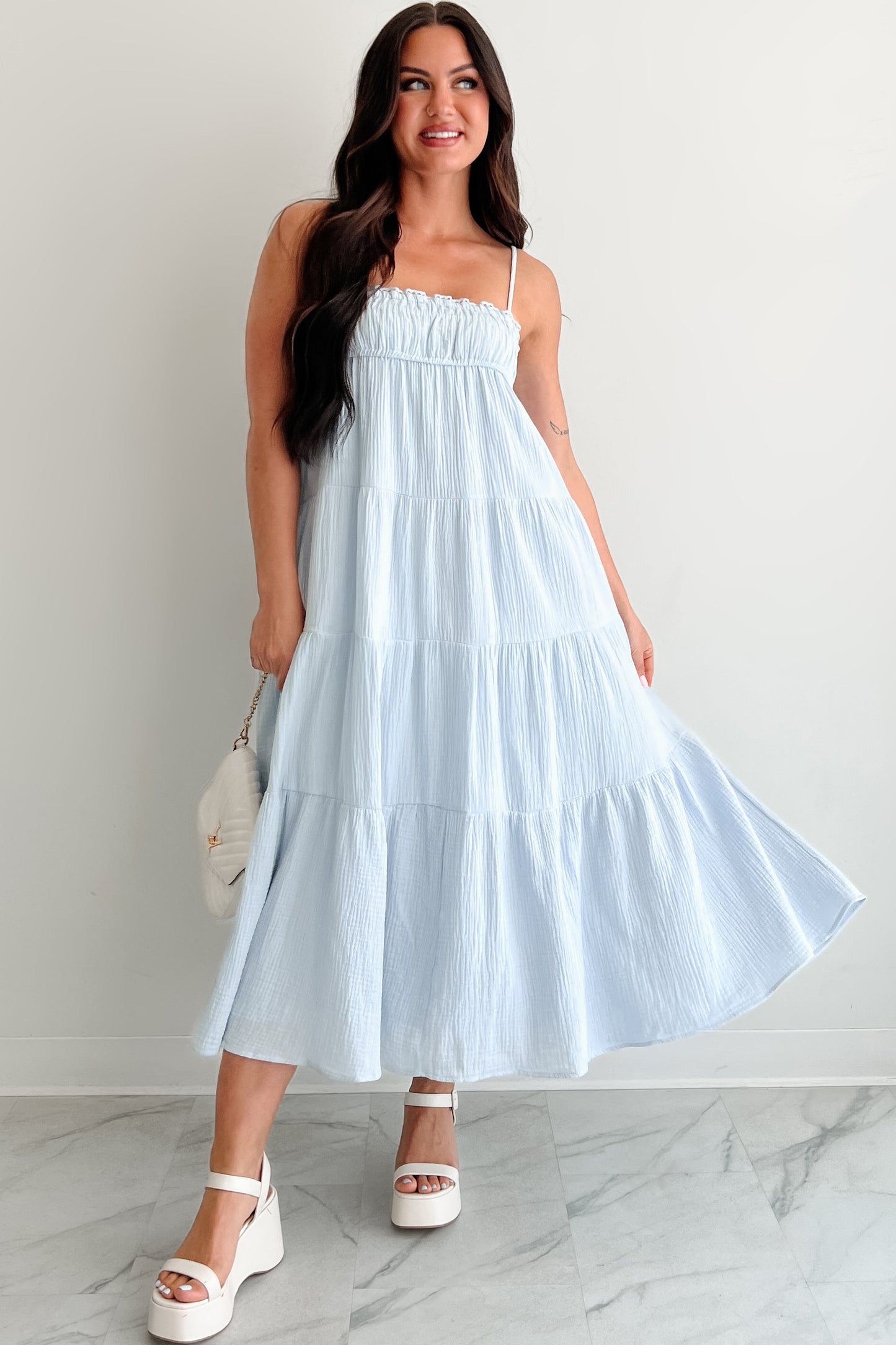 Twilight Glow Sleeveless Tiered Maxi Dress (Light Blue)