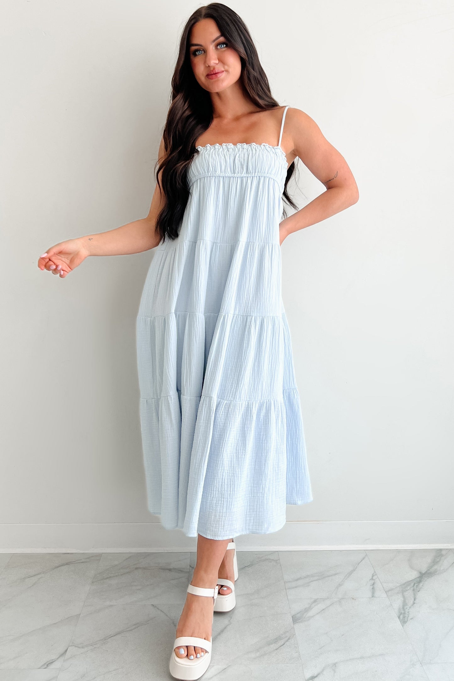 Twilight Glow Sleeveless Tiered Maxi Dress (Light Blue)