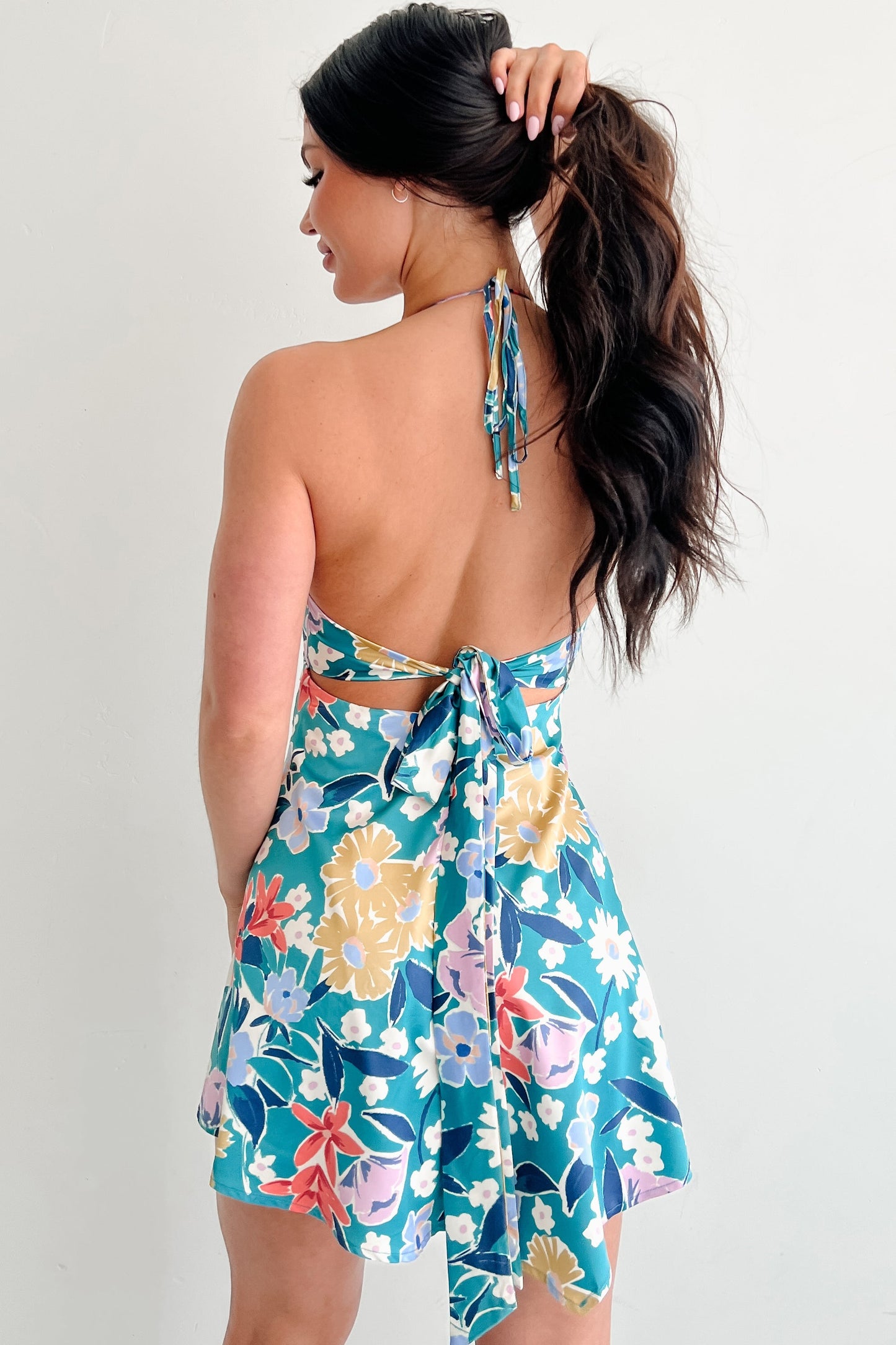 Smile Brighter Floral Halter Mini Dress (Pine Green)