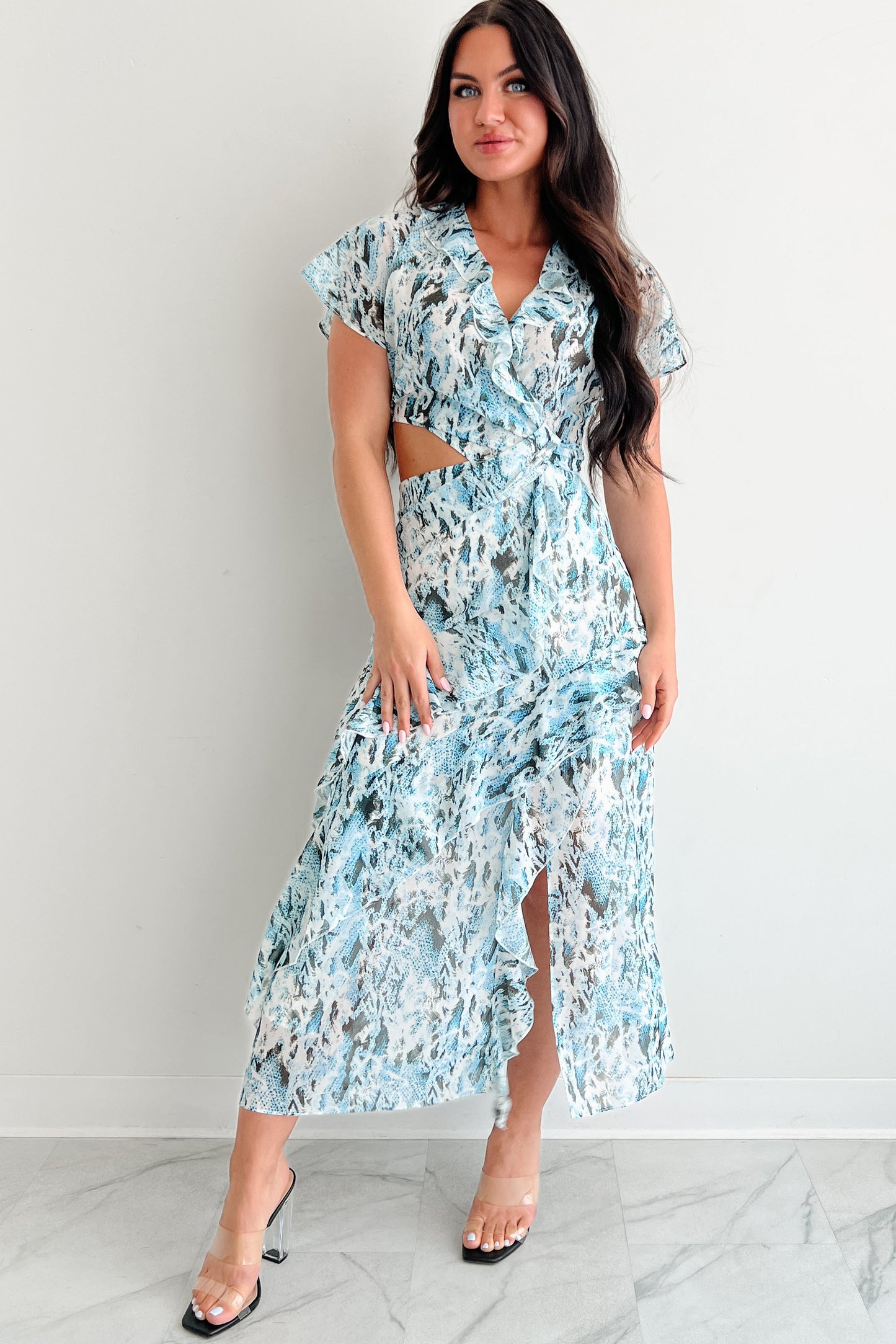 Heart Of Gold Printed Ruffle Maxi Dress (Blue)
