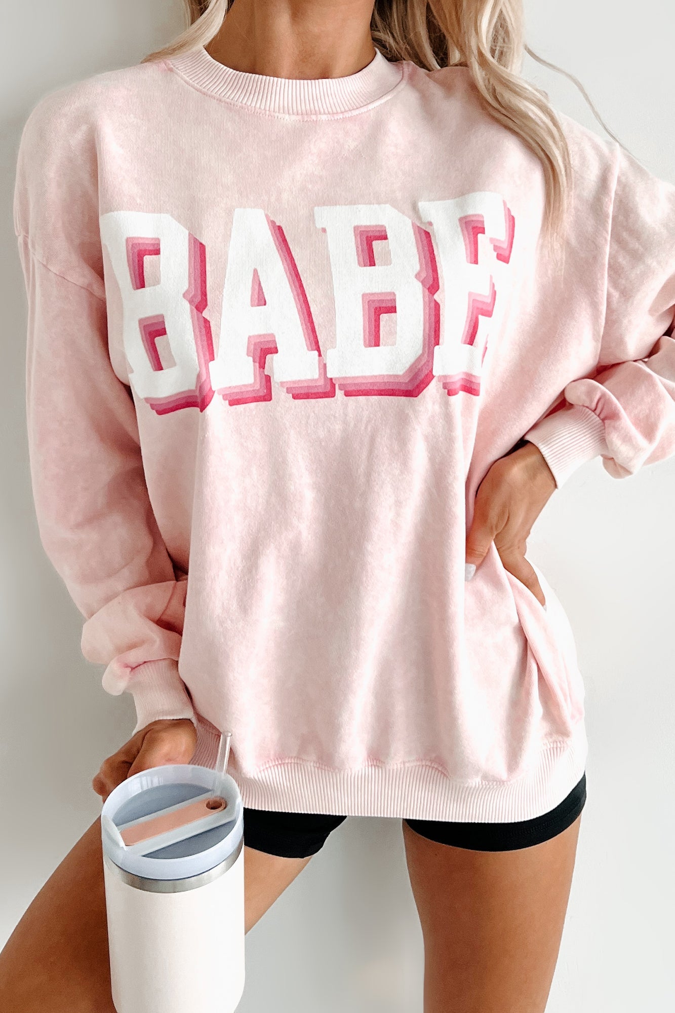"Babe" Acid Wash Graphic Sweatshirt (Washed Pink)