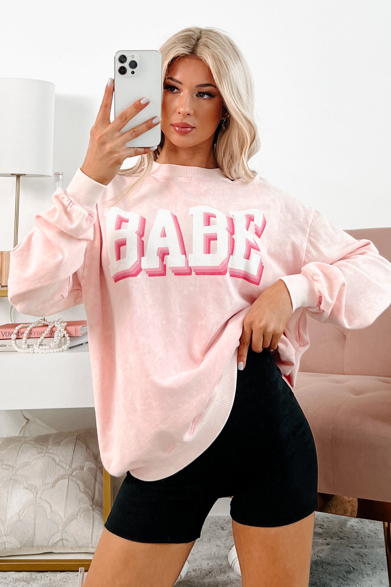 "Babe" Acid Wash Graphic Sweatshirt (Washed Pink)