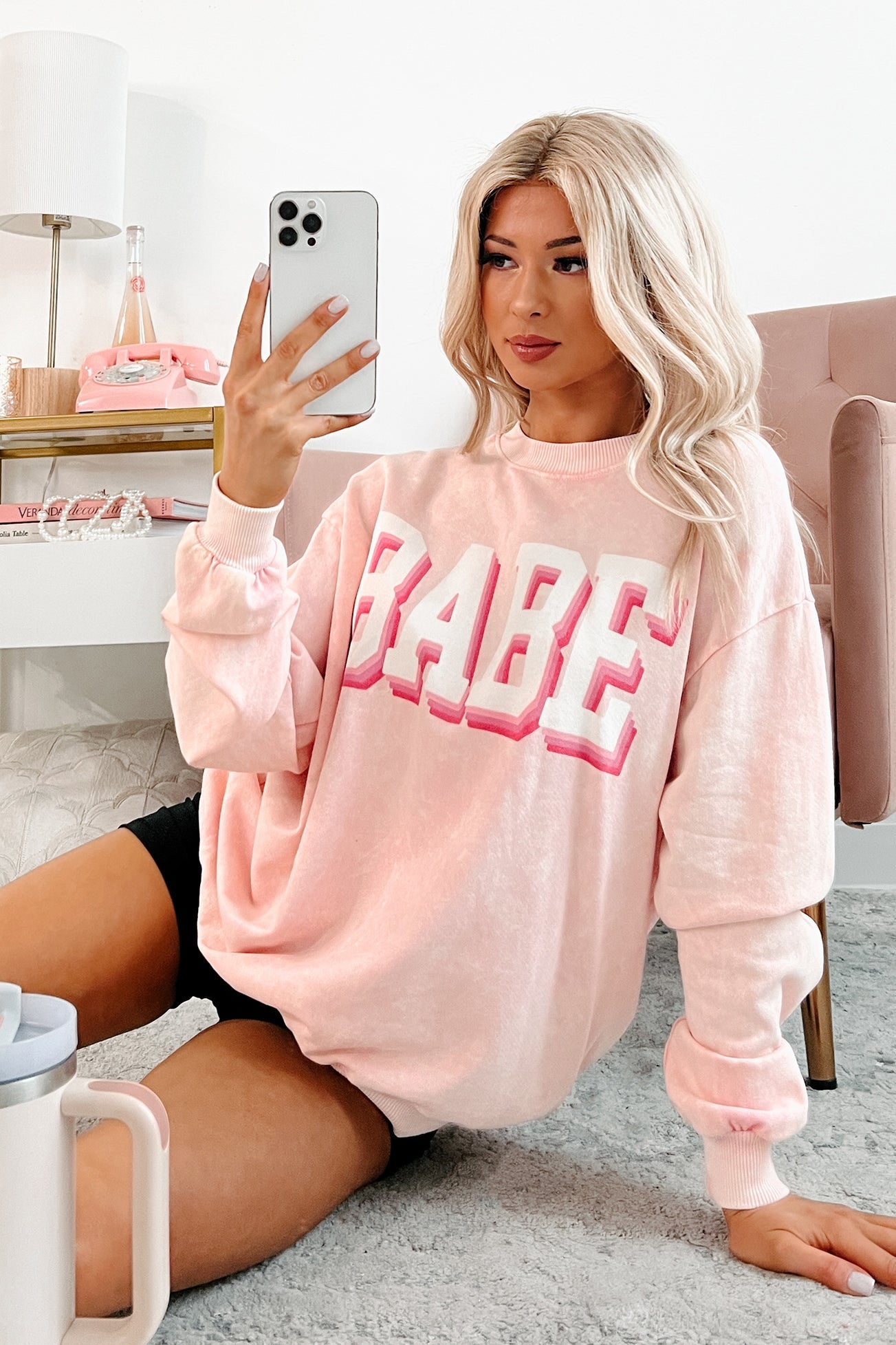 "Babe" Acid Wash Graphic Sweatshirt (Washed Pink)