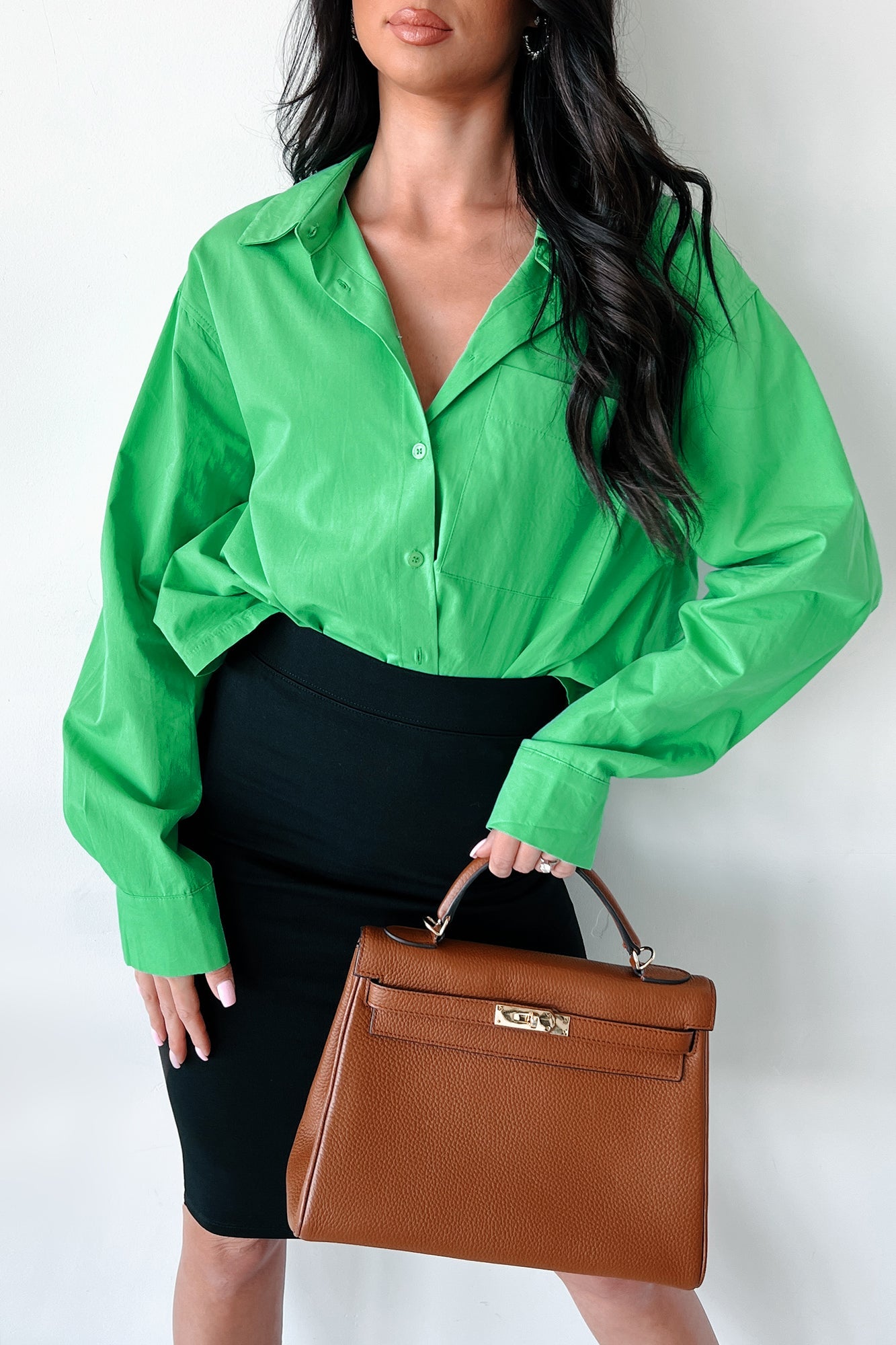 Any Questions Cropped Button-Down Shirt (Green)