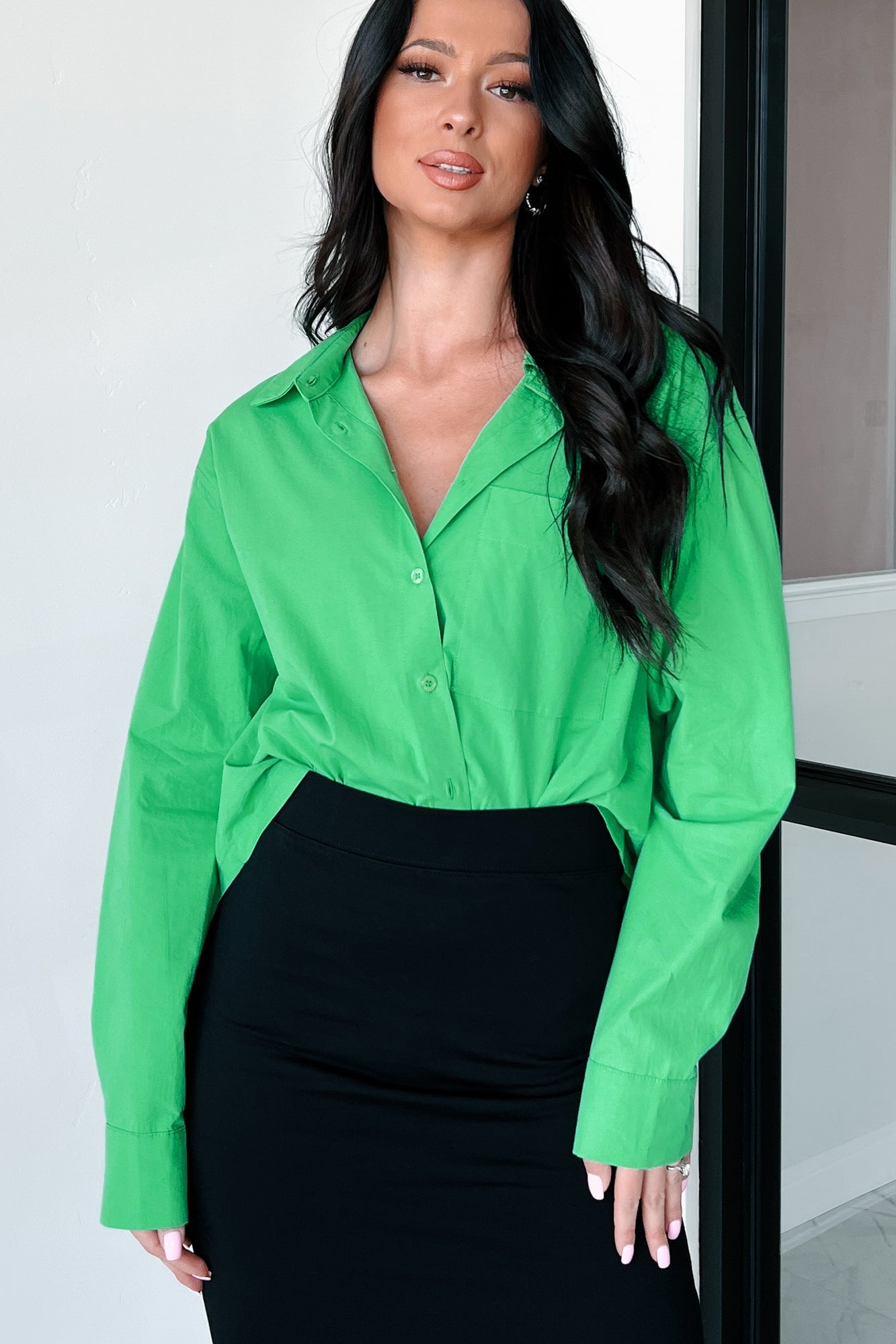 Any Questions Cropped Button-Down Shirt (Green)