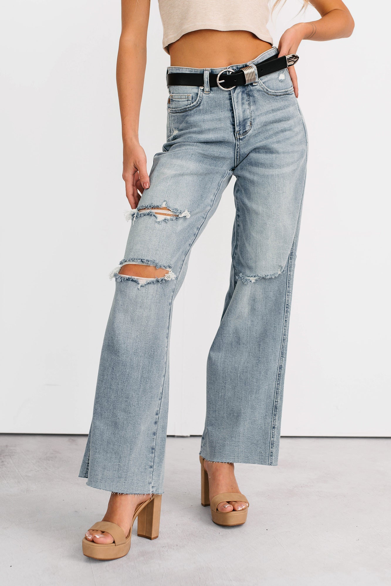 Romero Mid Rise Ripped Judy Blue Wide Leg Jeans (Light)