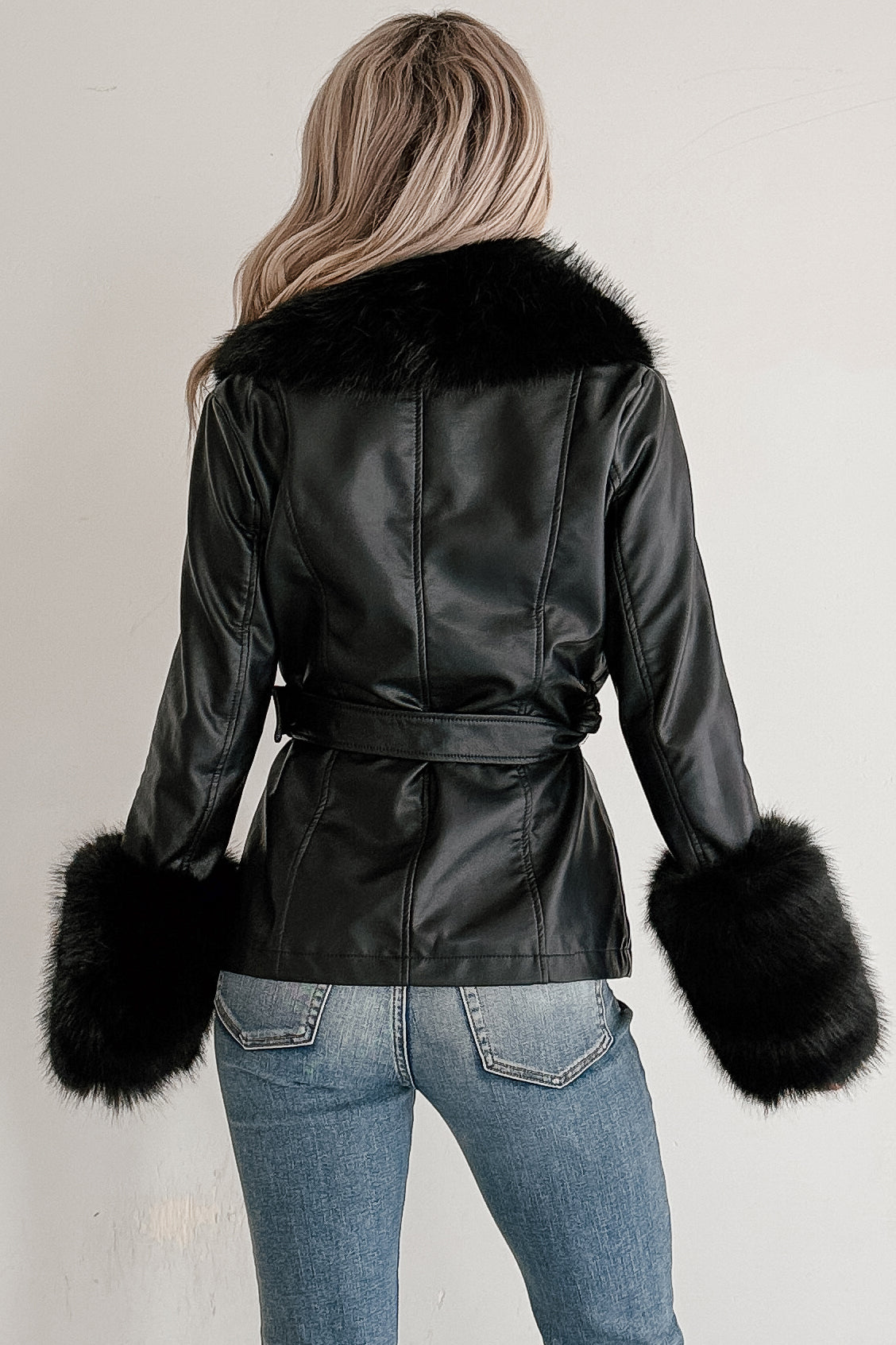 Star Quality Fur Trim Faux Leather Jacket (Black)