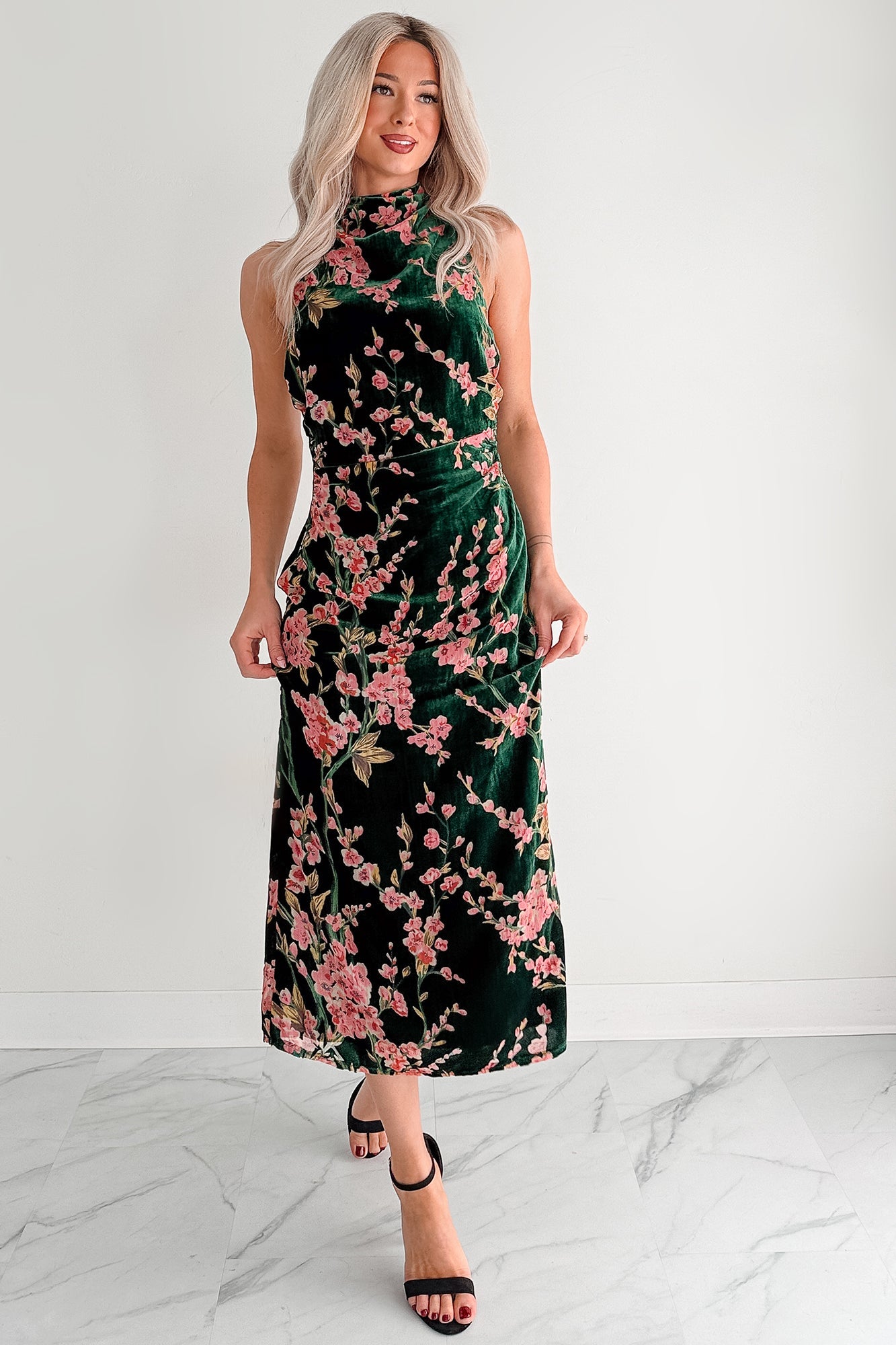 Without You Velvet Cherry Blossom Midi Dress (Green Floral)