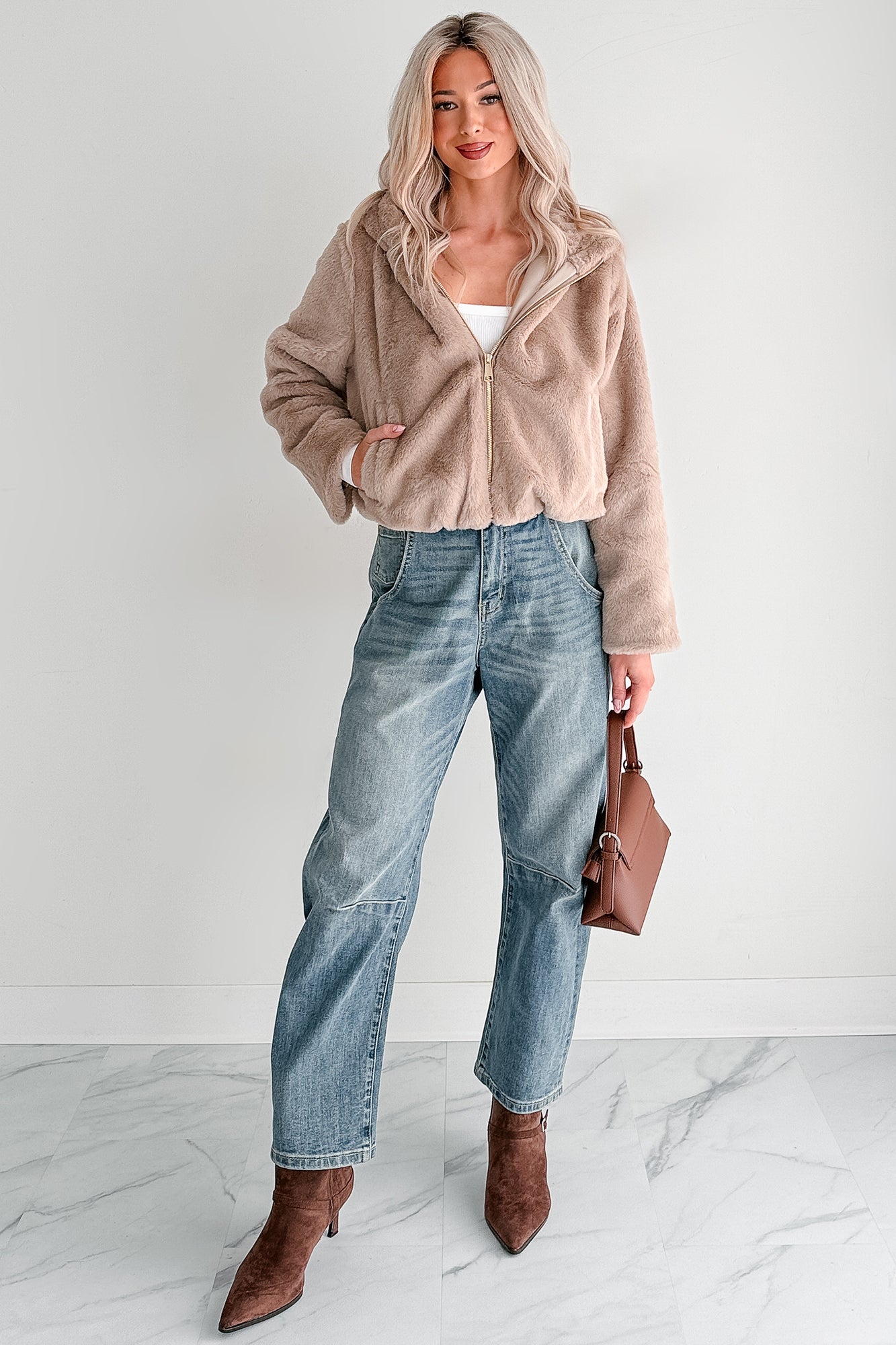 Daydream Girl Faux Fur Hooded Crop Jacket (Coco)