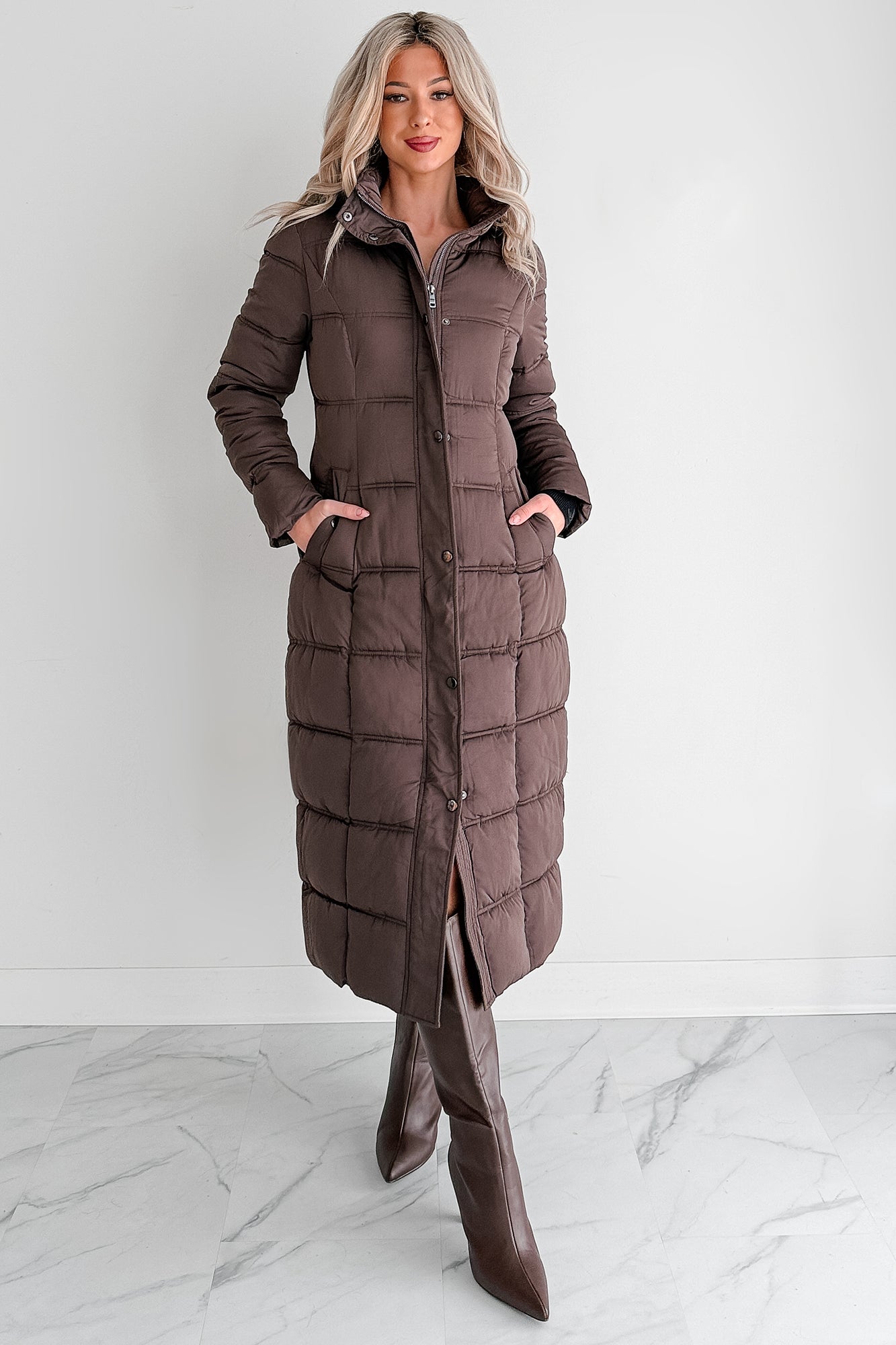 Winter Welcome Knee Length Puffer Coat (Chocolate)