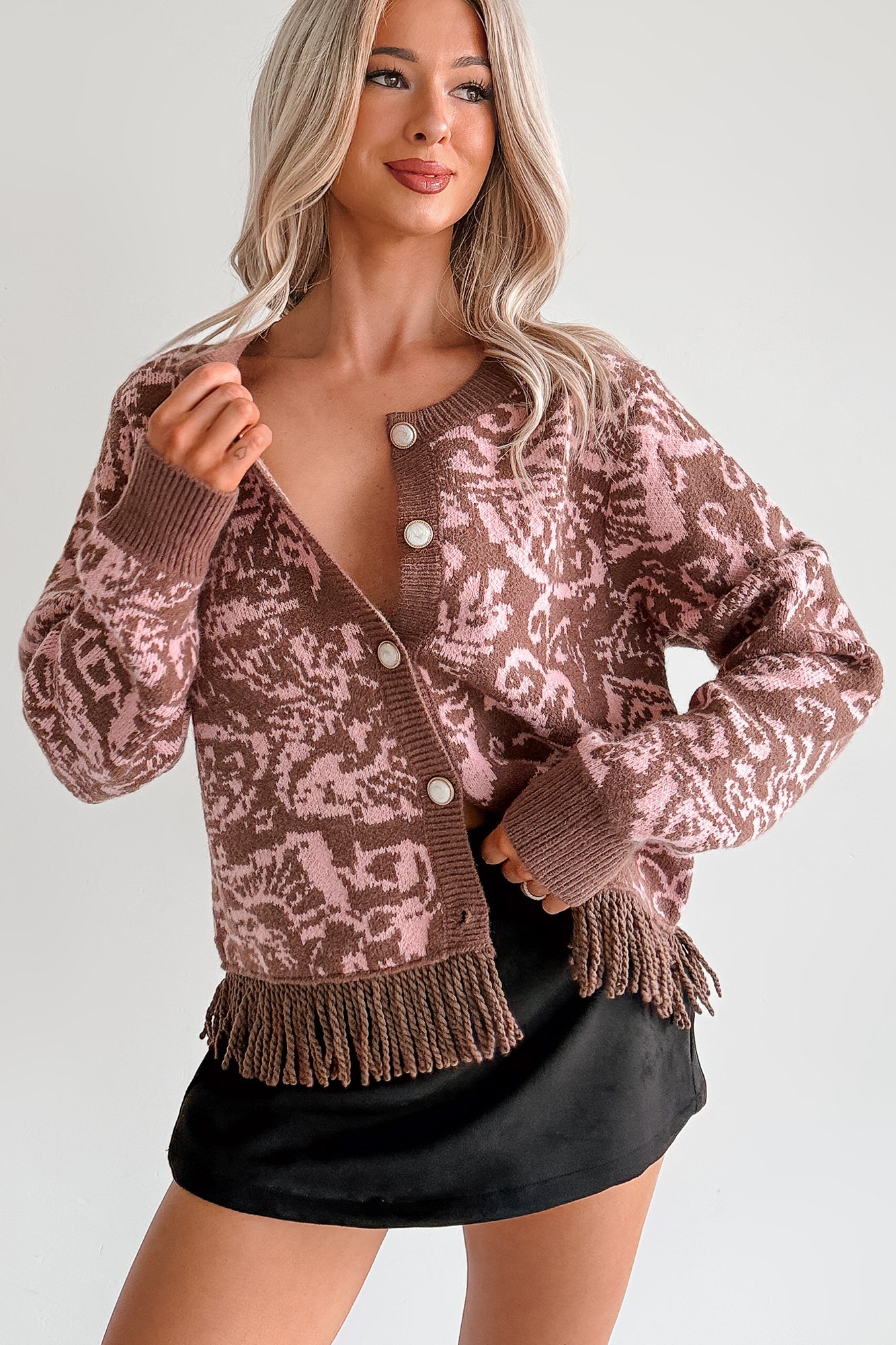 All I Really Want Floral Print Fringe Hem Cardigan (Mocha/Pink)