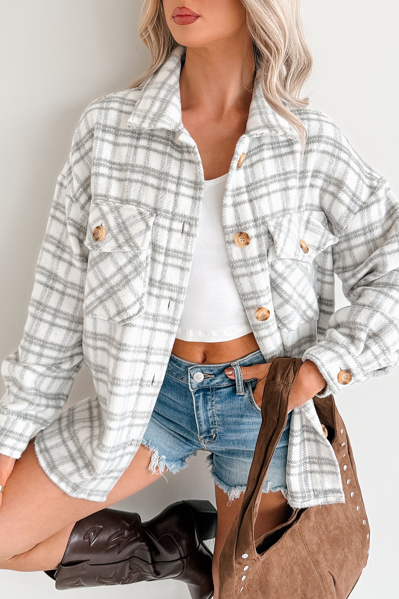 Laid Back Life Plaid Long Sleeve Shacket (Heather Grey)