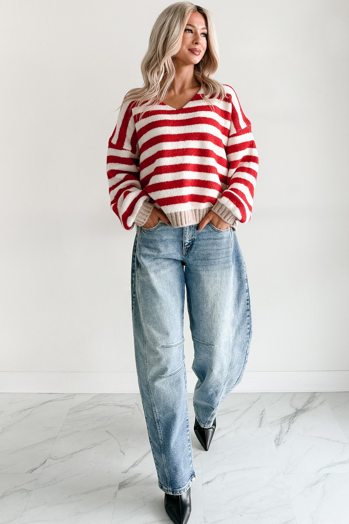 Inspire Me V Neck Striped Knit Sweater (Red/Ivory)