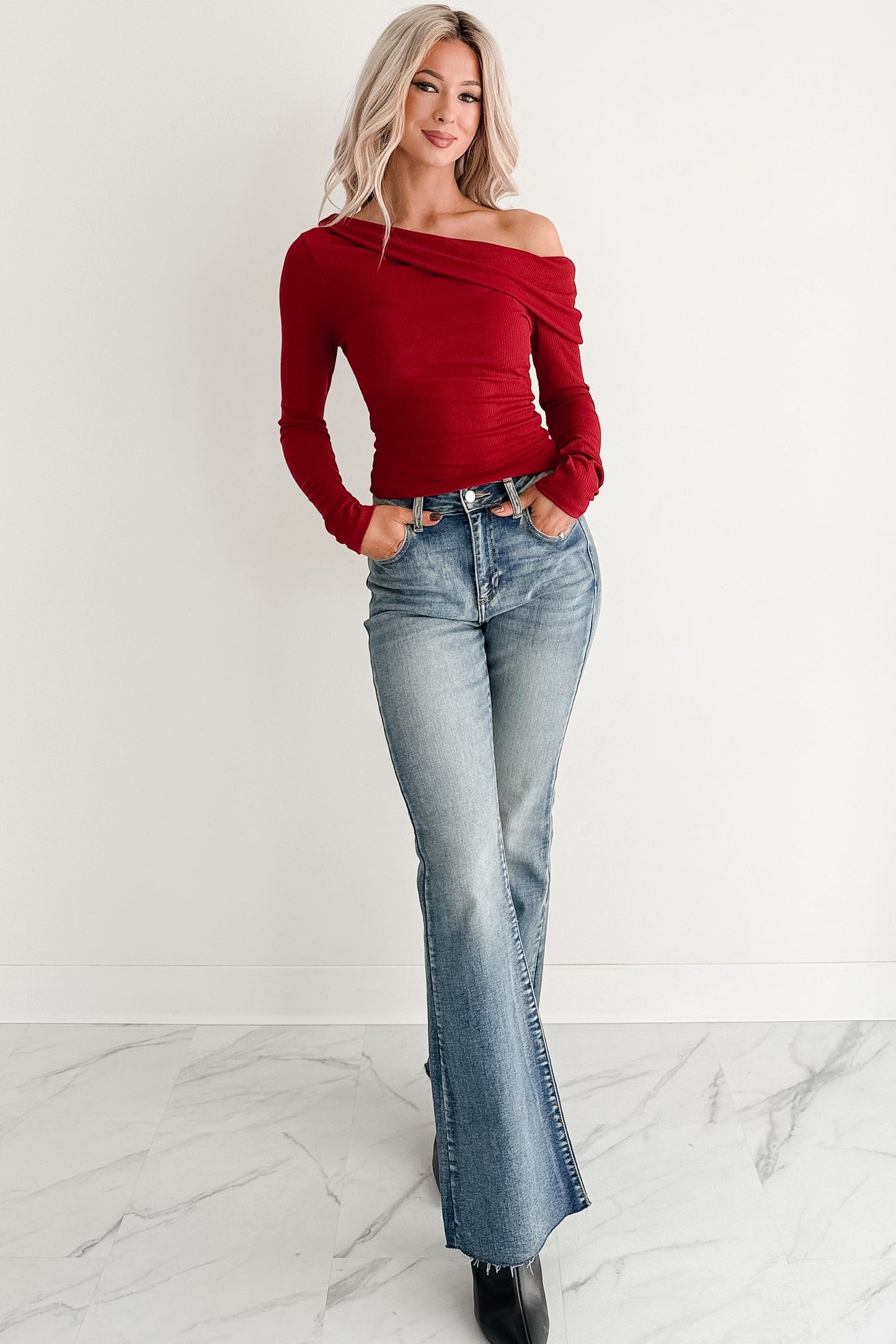 Luxe Basics One Shoulder Ribbed Top (Burgundy)