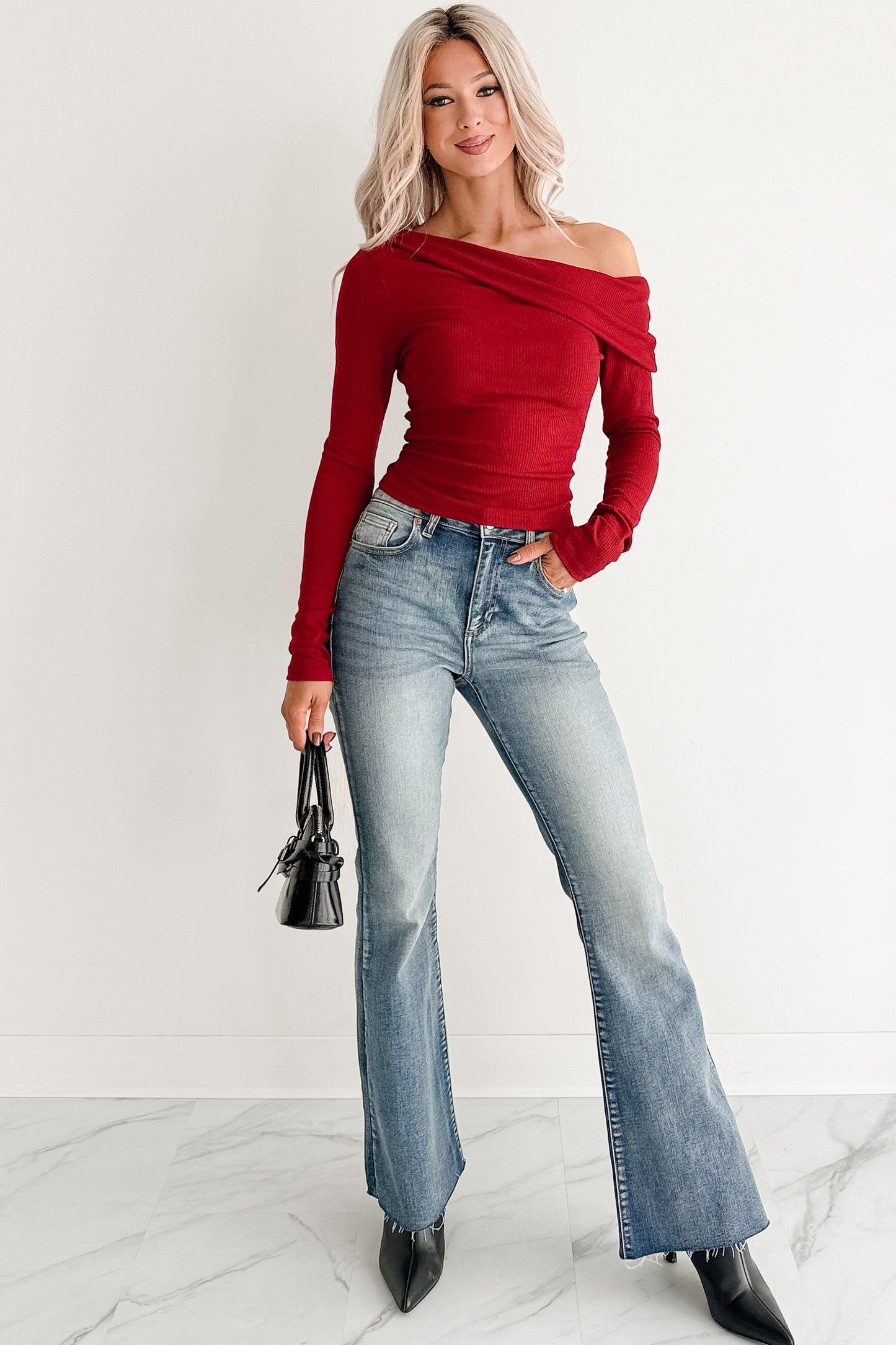 Luxe Basics One Shoulder Ribbed Top (Burgundy)