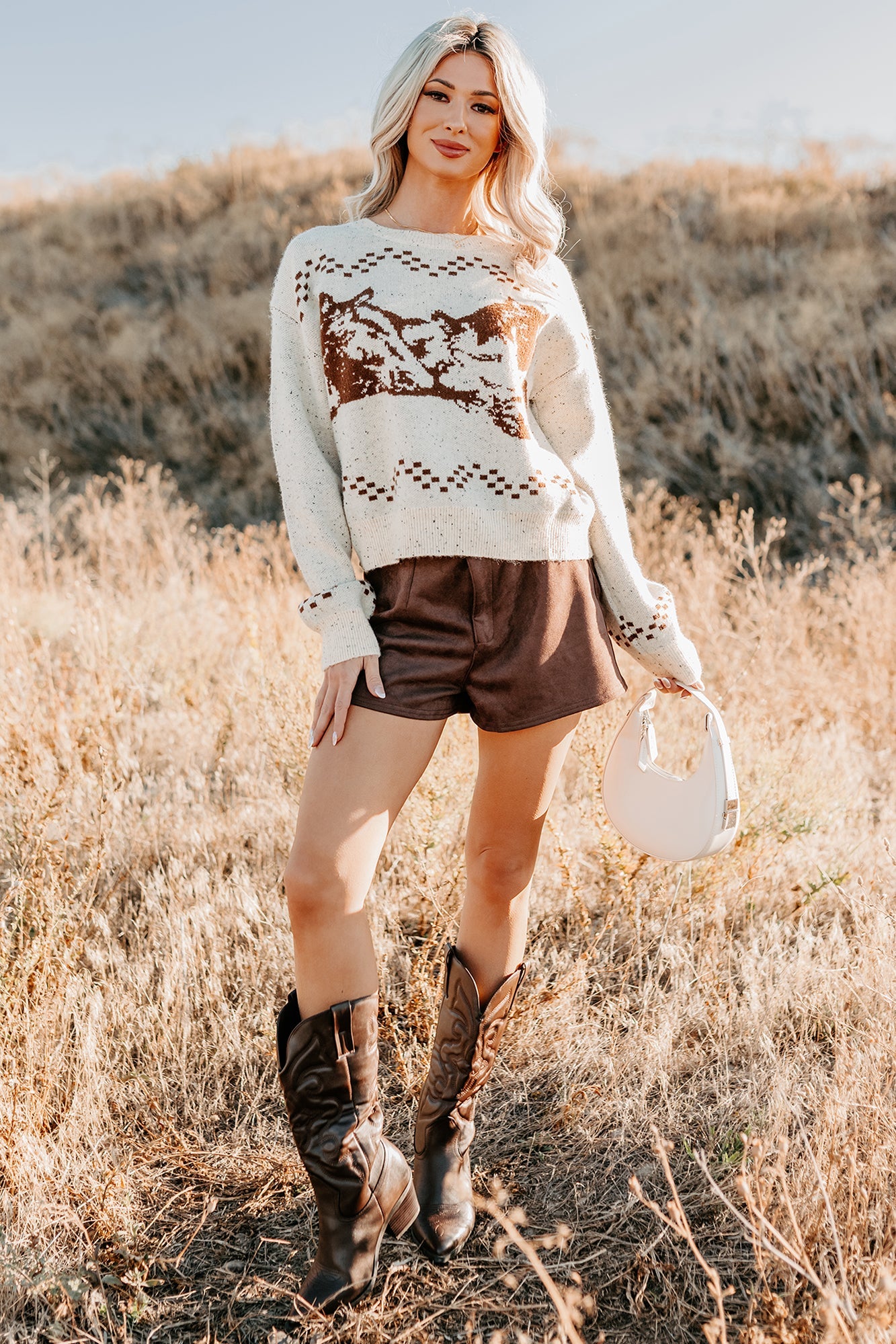 Rodeo Radiance Horse Pattern Knit Sweater (Oatmeal)