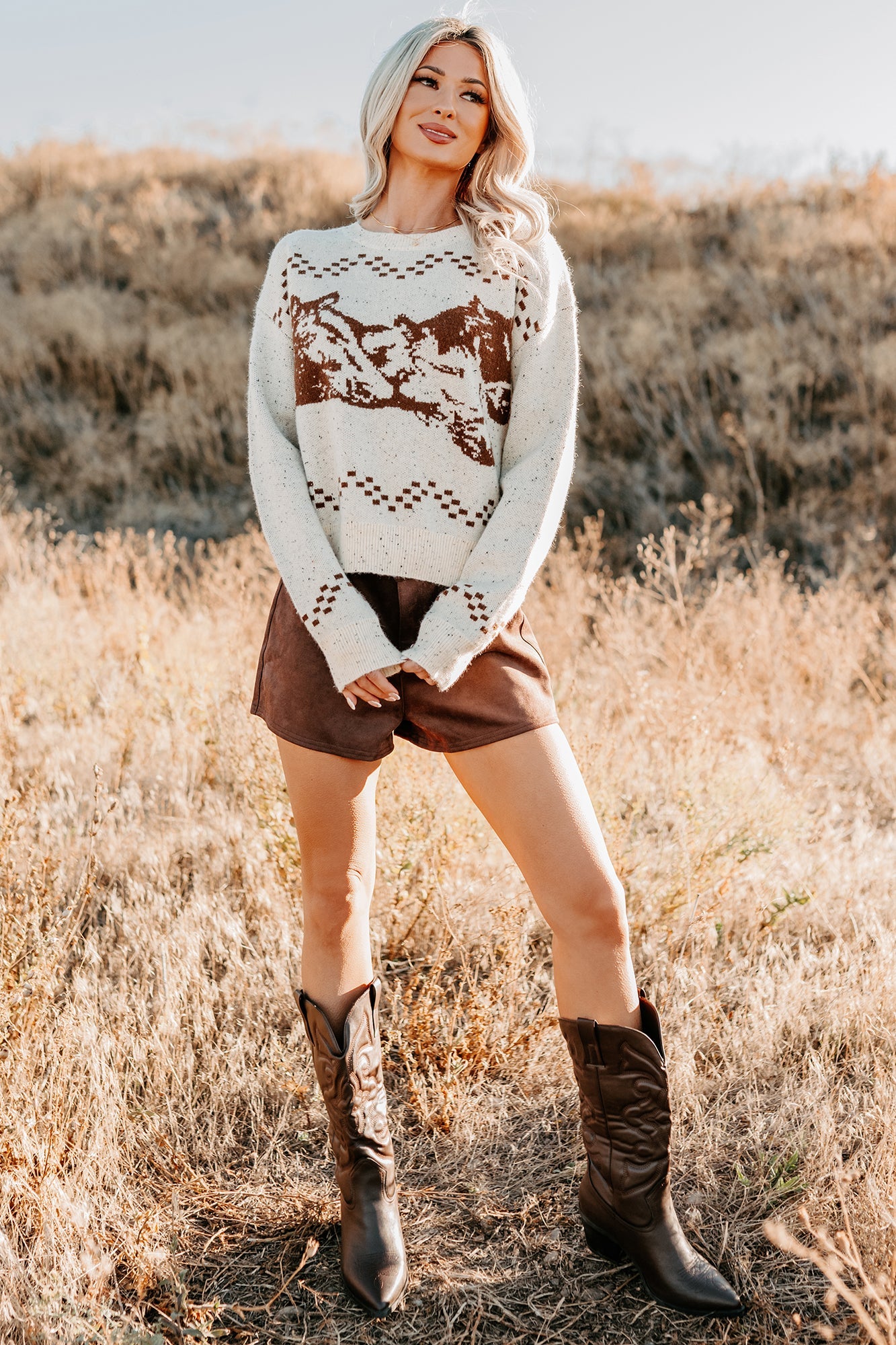 Rodeo Radiance Horse Pattern Knit Sweater (Oatmeal)