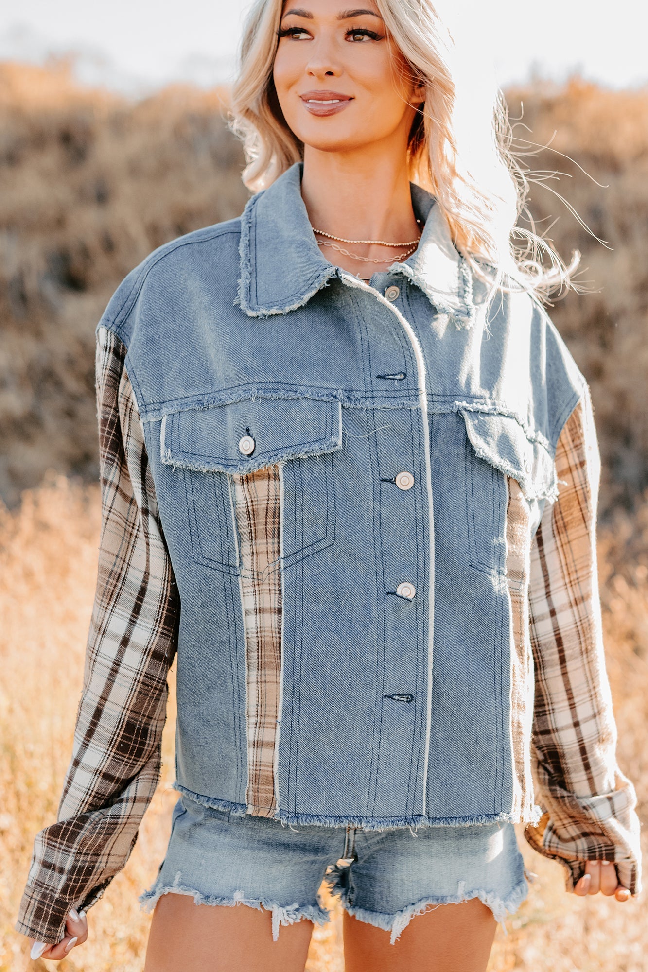 Daily Mode Plaid Denim Mix Jacket (Taupe Blend)
