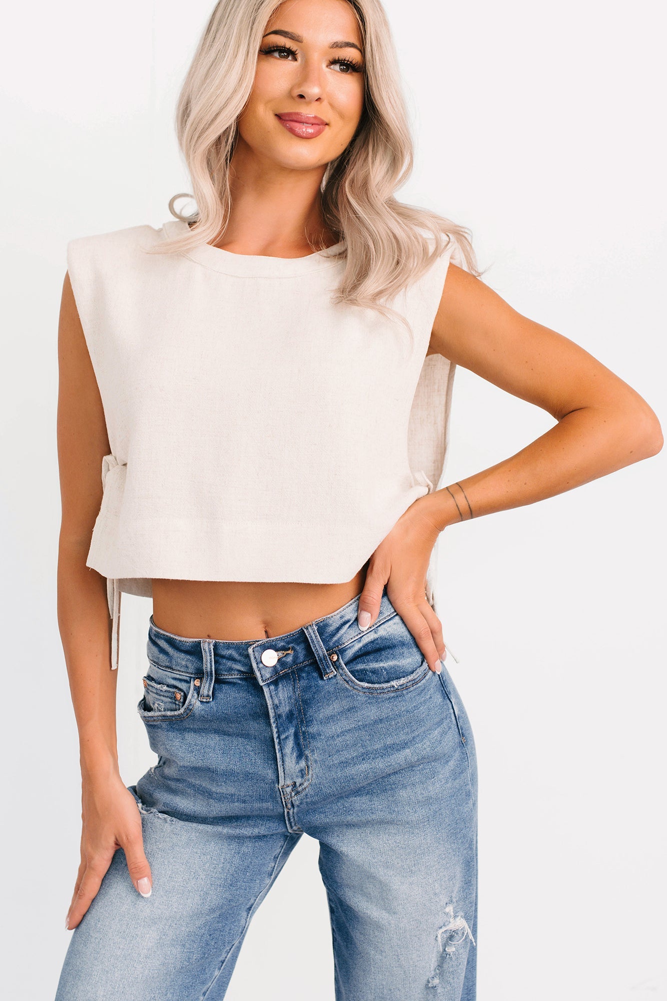 Simply Divided Sleeveless Side Tie Linen Top (Oatmeal)