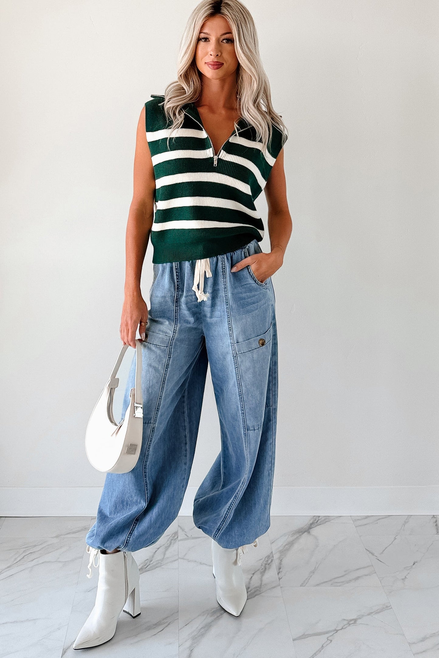 Daily Joys Striped Half-Zip Sweater Vest (Green/Cream)