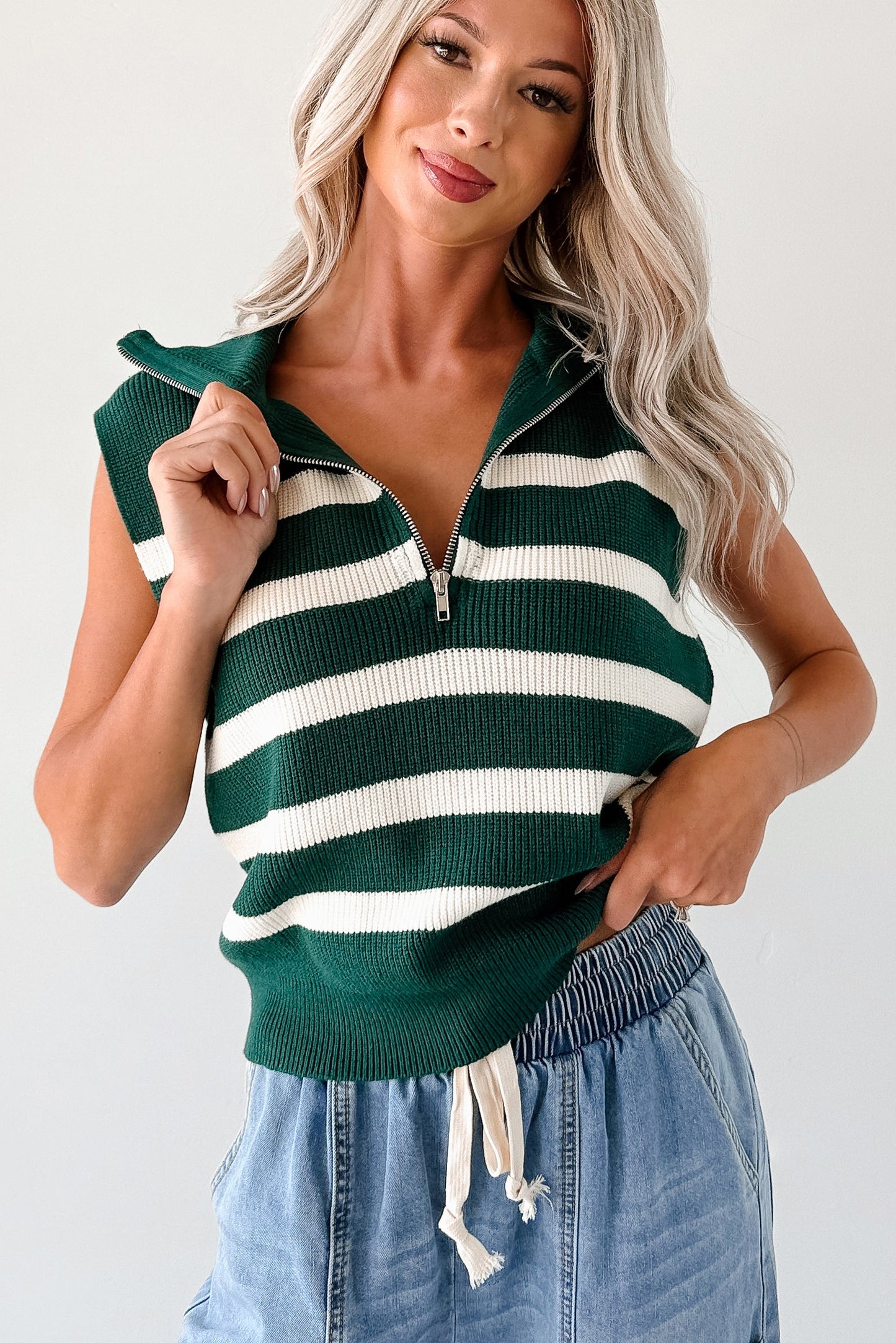 Daily Joys Striped Half-Zip Sweater Vest (Green/Cream)