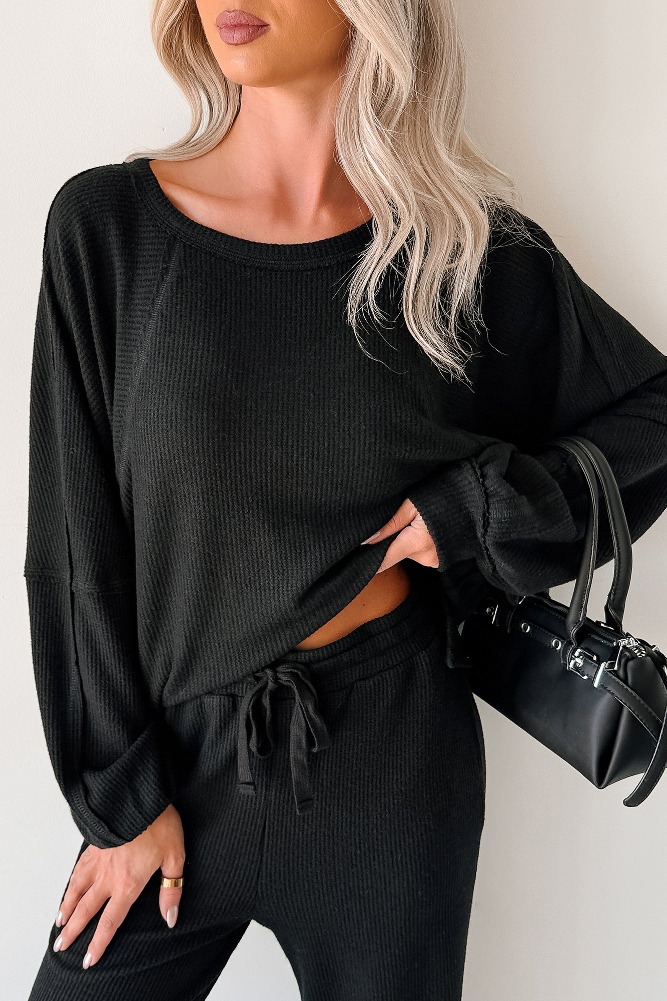 Still Breathing Waffle Knit Long Sleeve Top (Black)