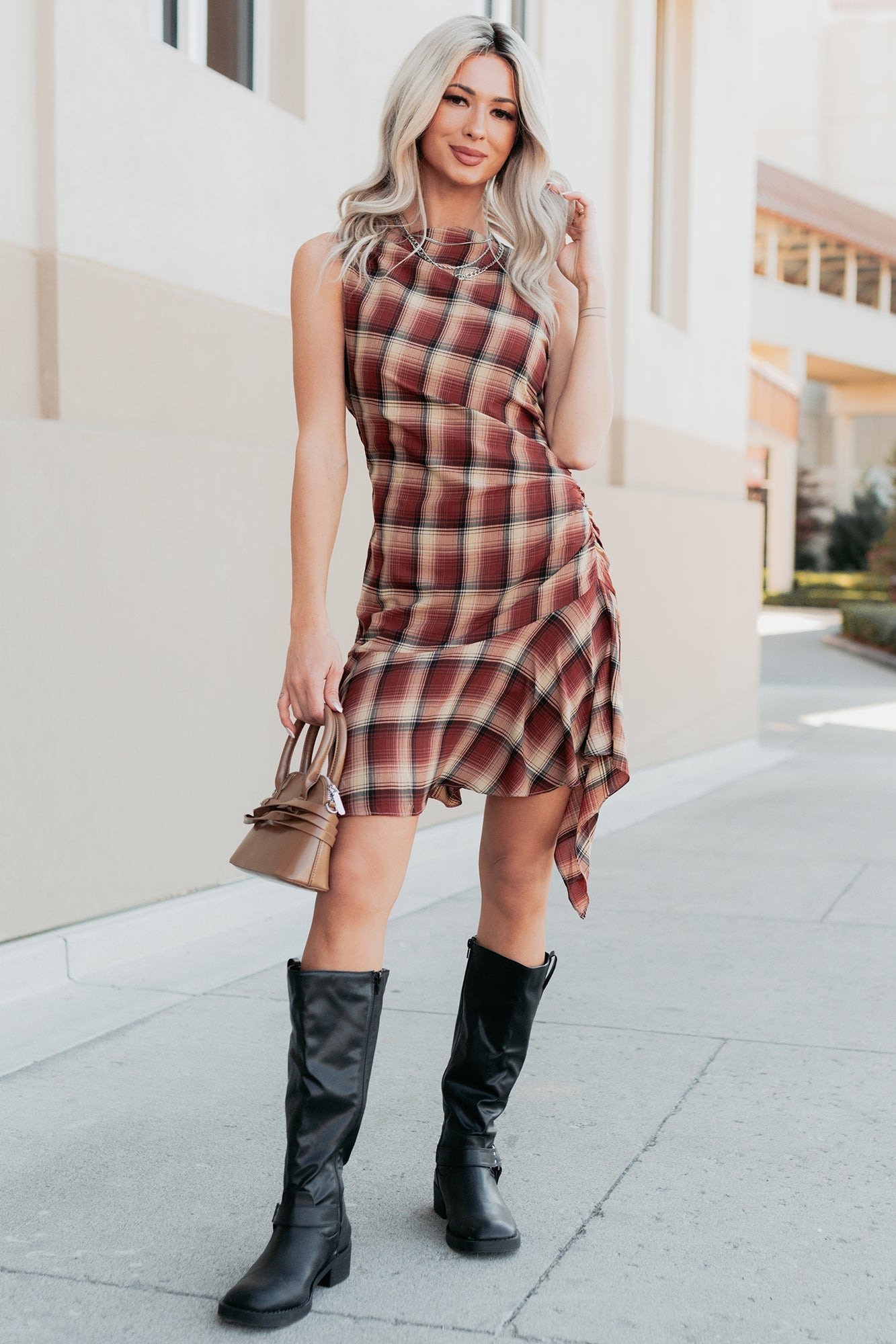 Purely Hers Sleeveless Plaid Mini Dress (Rust Plaid)