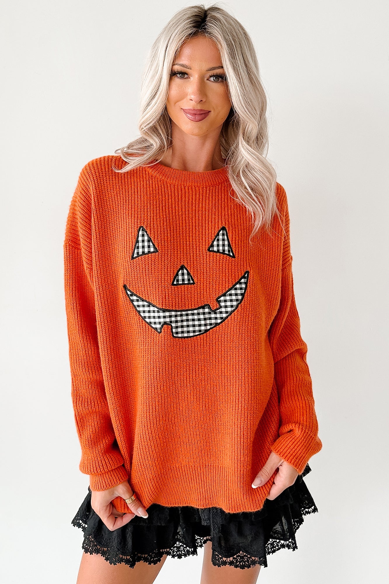 Jack-O-Lantern Embroidered Sweater (Burnt Orange)