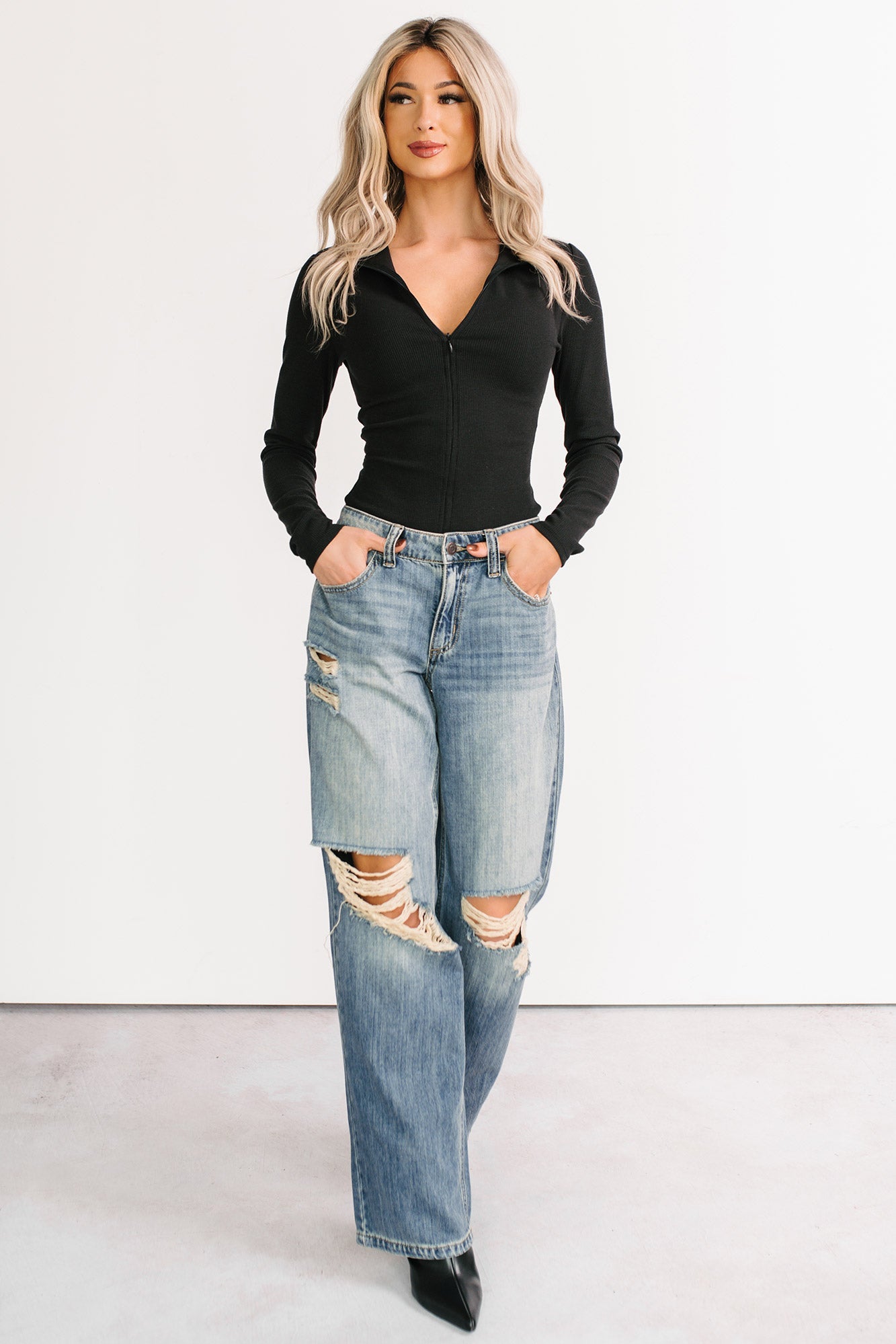 No Hesitation Ribbed Long Sleeve Bodysuit (Black)