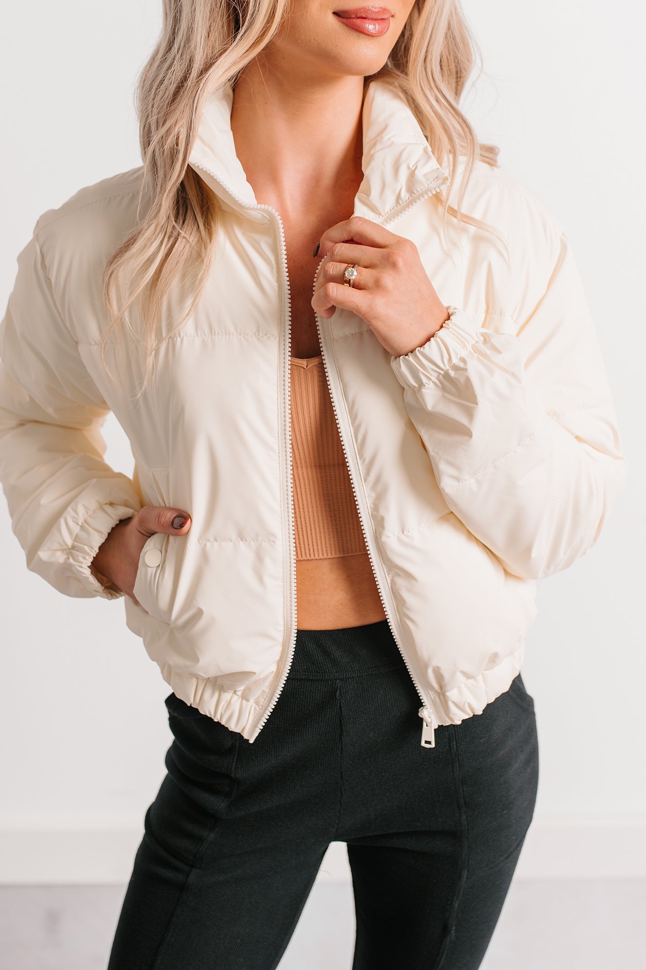 Night Shift Mock Turtleneck Zip-Up Puffer Jacket (Off-White)