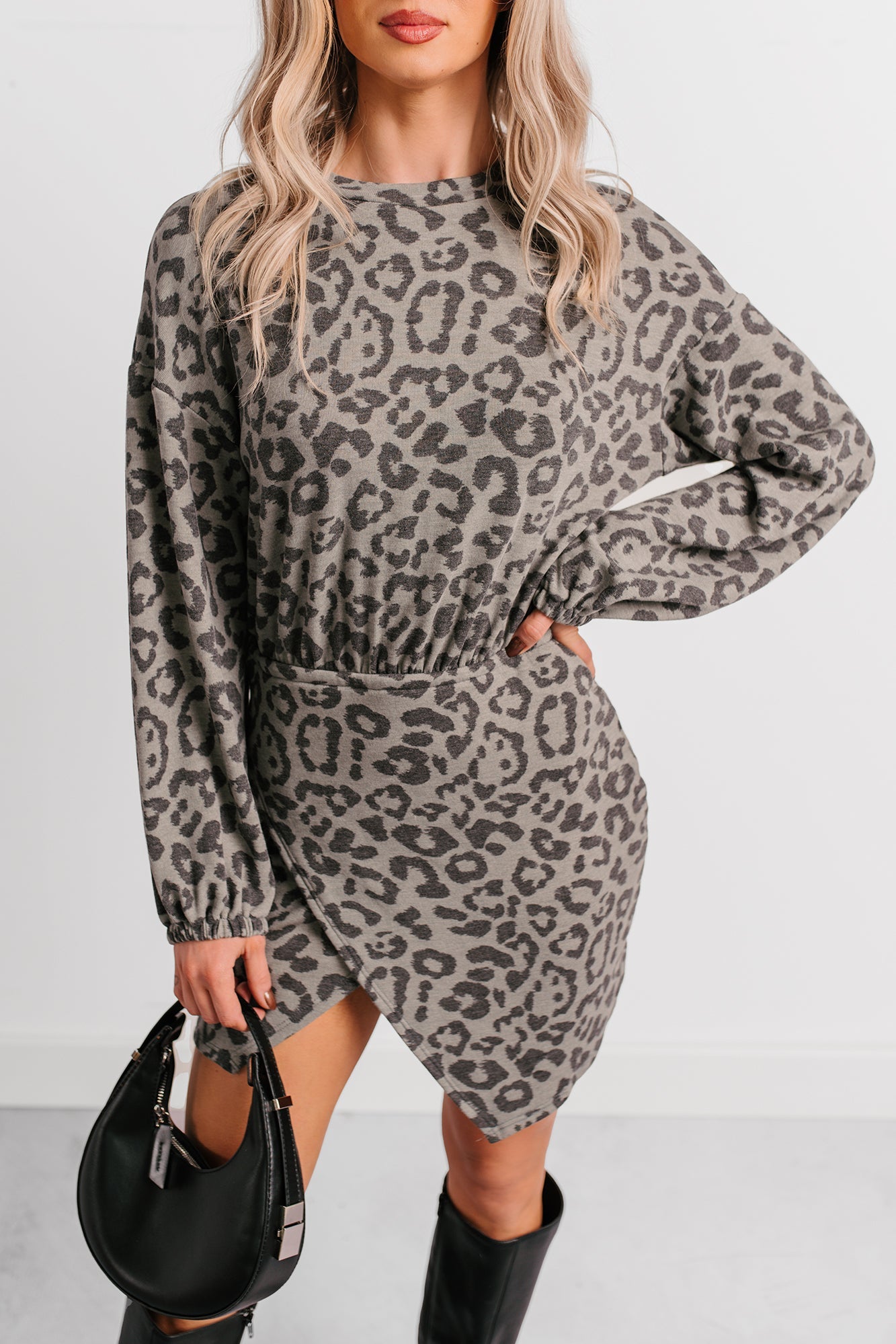 Little Miss Bossy Asymmetric Mini Dress (Grey Leopard)